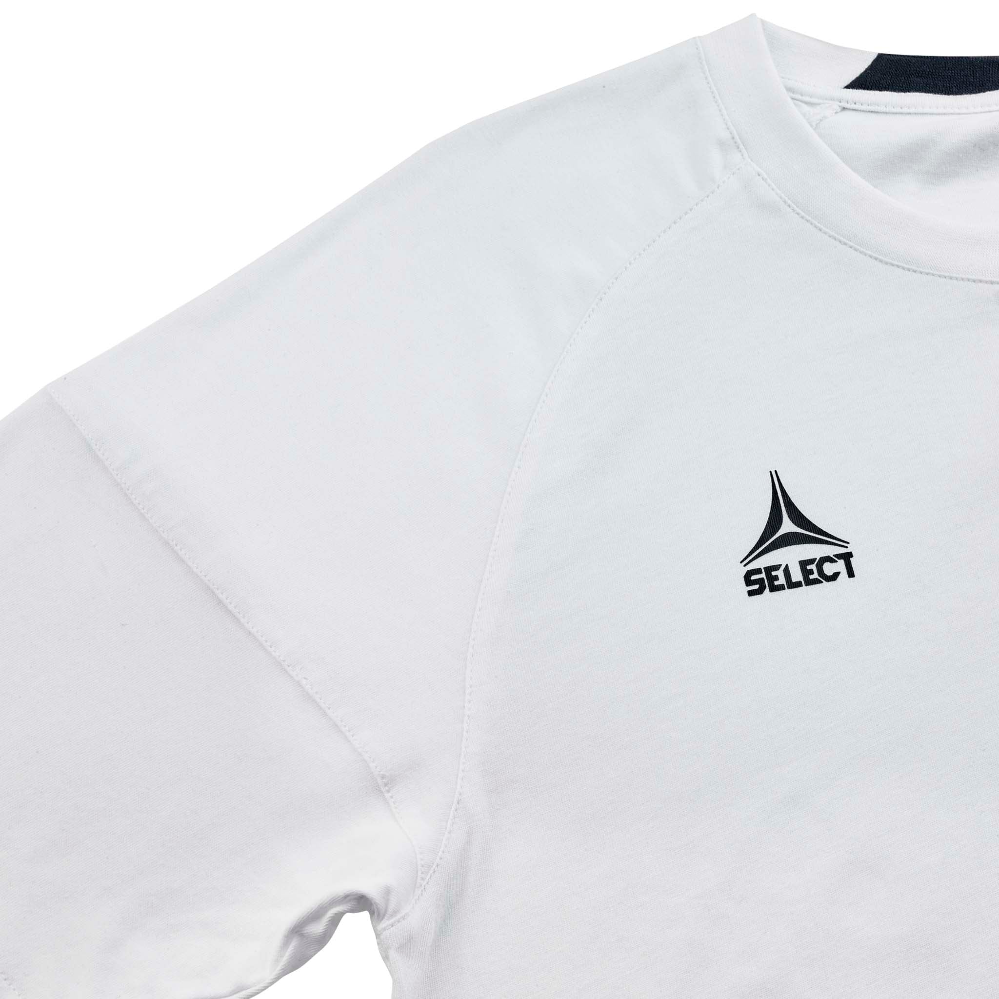 Nærbilde av hvit T-Shirt Oxford woman v25, fritidsklær, med marineblå Select-logo og sømdetalj