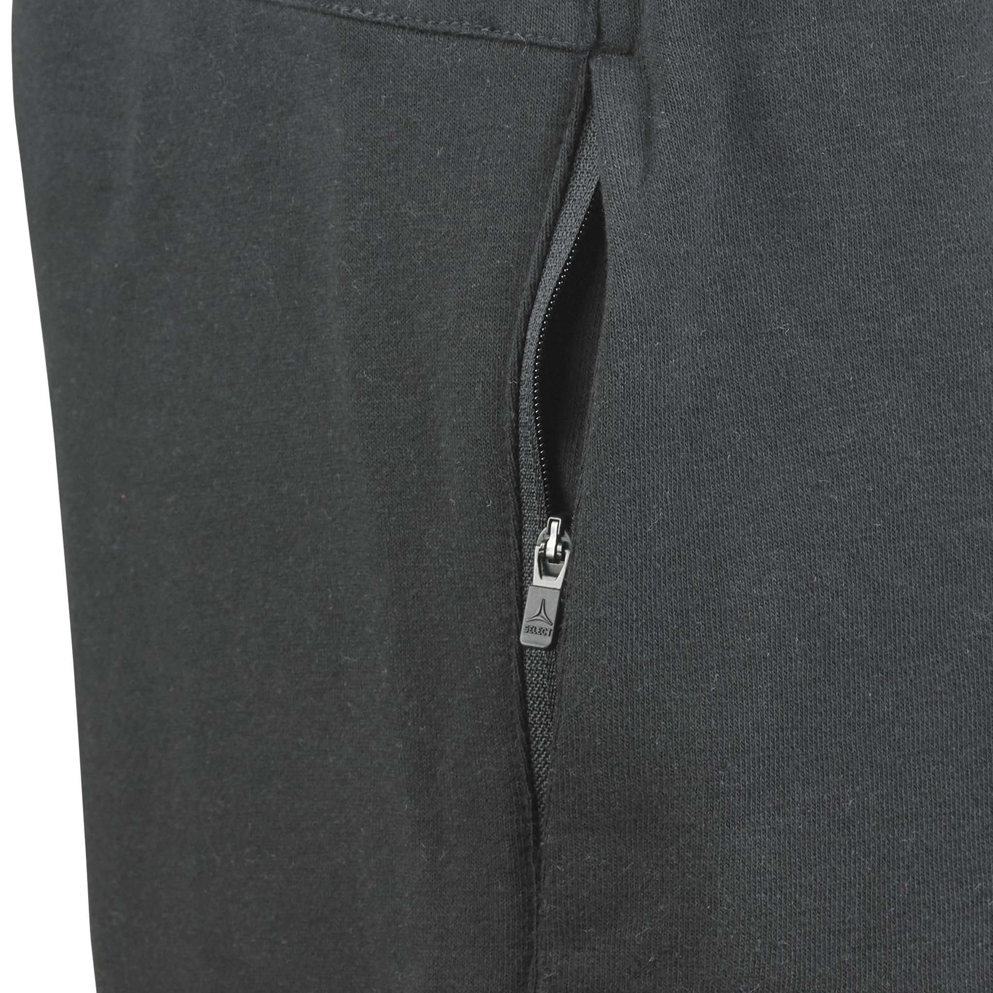 Nærbilde av sorte Sweat shorts Oxford women v25, fritidsklær, som viser detalj med sidelomme med glidelås.