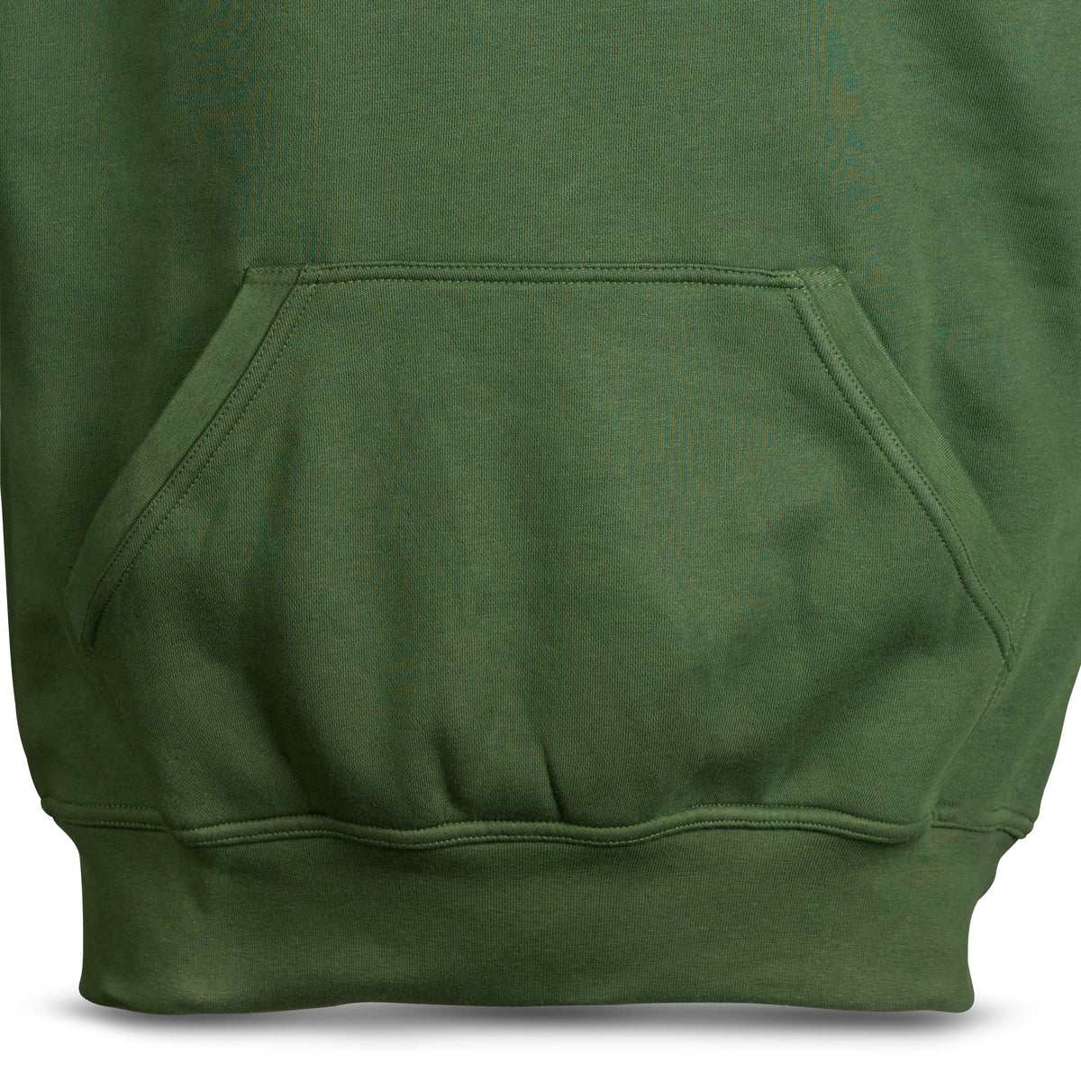 Nærbilde av grønn Hoodie Basic Select v24 fritidsklær med kengurulomme og ribbekant.