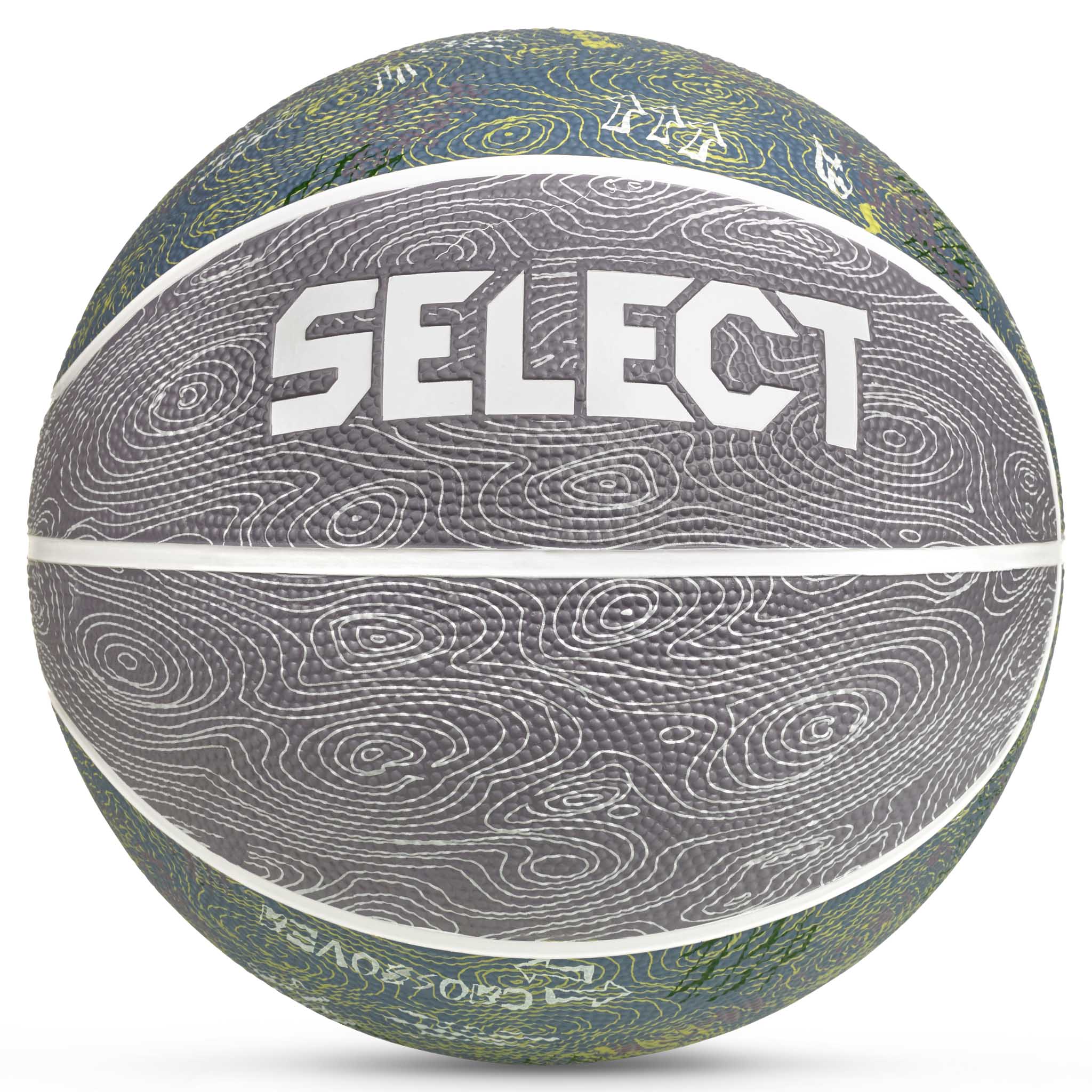 Basketball v26 forside, Andre baller. Grå ball med hvit SELECT-logo og grønnblå virvelmønstre.