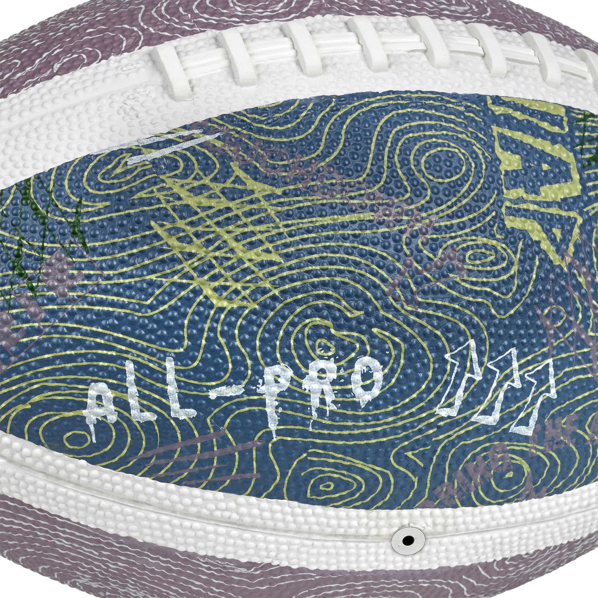 Nærbillede af American football v26, Andre bolde. Blå, lilla, hvid med "All-Pro"-tekst og hvirvelmønstre.