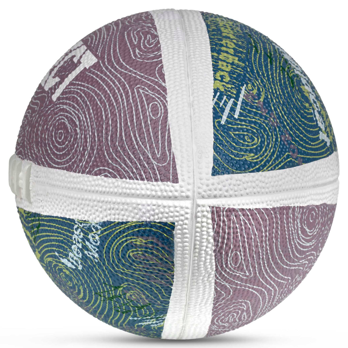 Amerikansk football v26, blå, lilla, grøn med hvide sømme, set fra højre side, Andre bolde