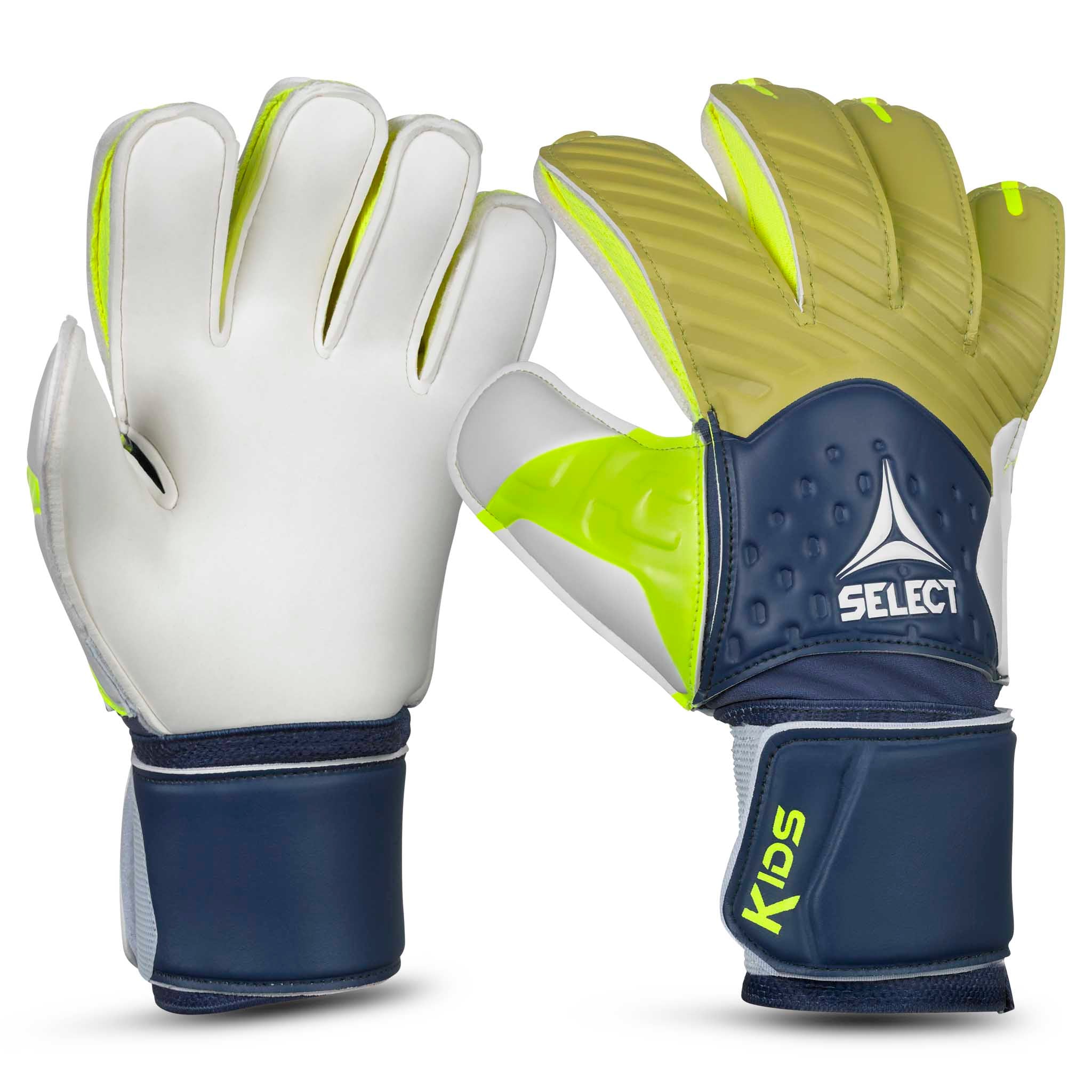Forside av GK gloves 03 Kids v26 keeperhansker i marineblå, limegrønn, hvit og grå.