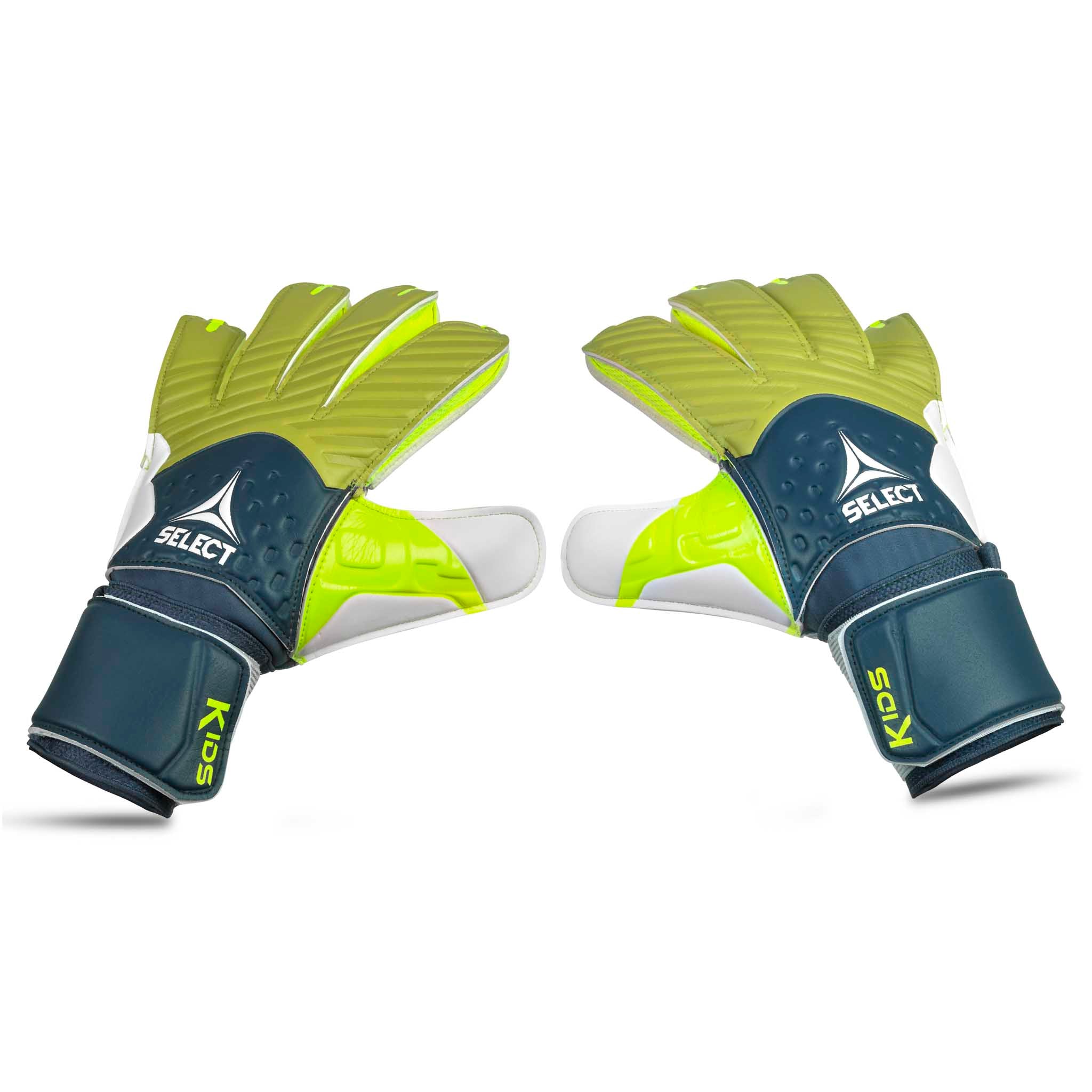 Forside av GK gloves 03 Kids v26 keeperhansker for fotball i grønt, marineblått og hvitt.