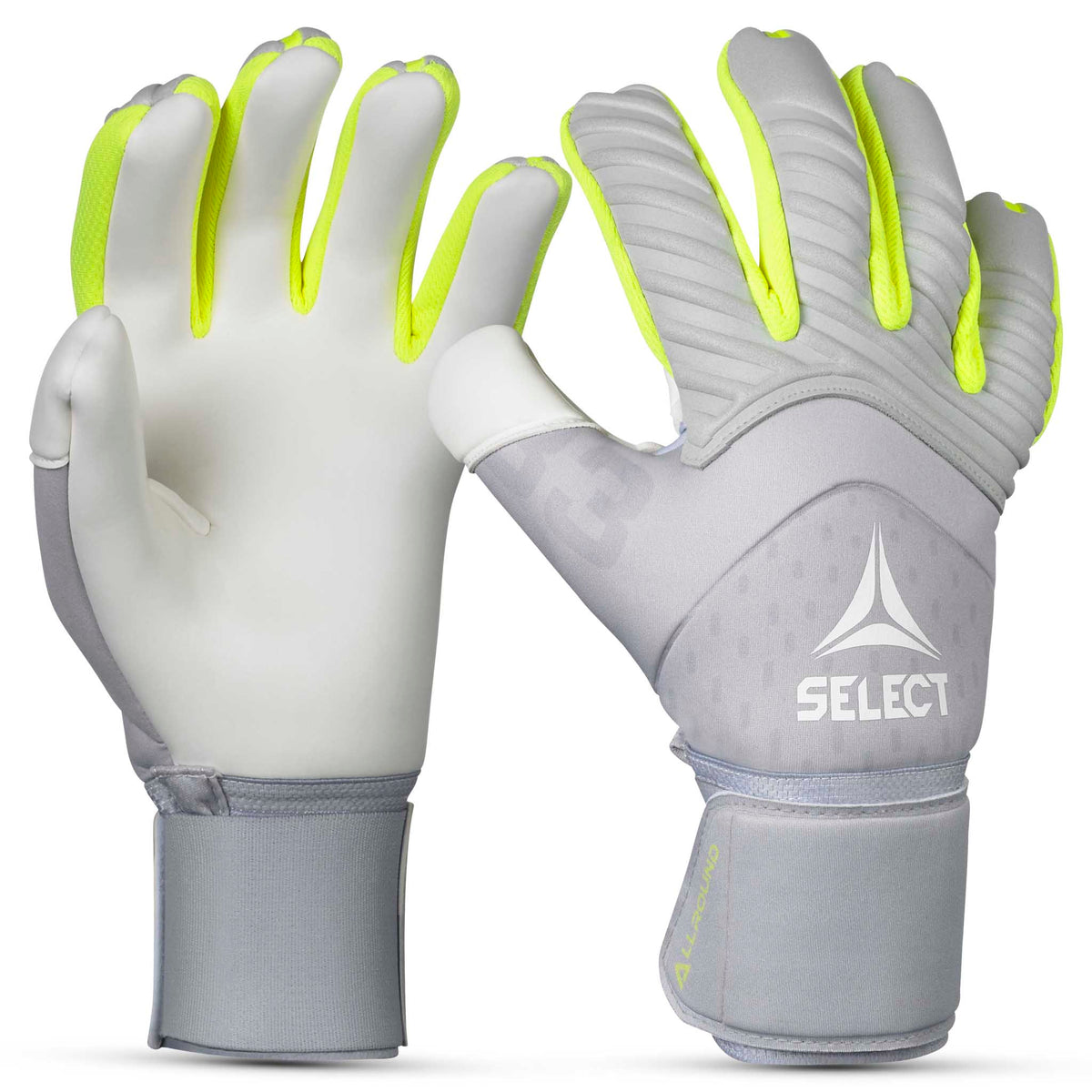 GK Glove 33 Allround v26 keeperhansker i grått med neongule detaljer, forsidevisning.