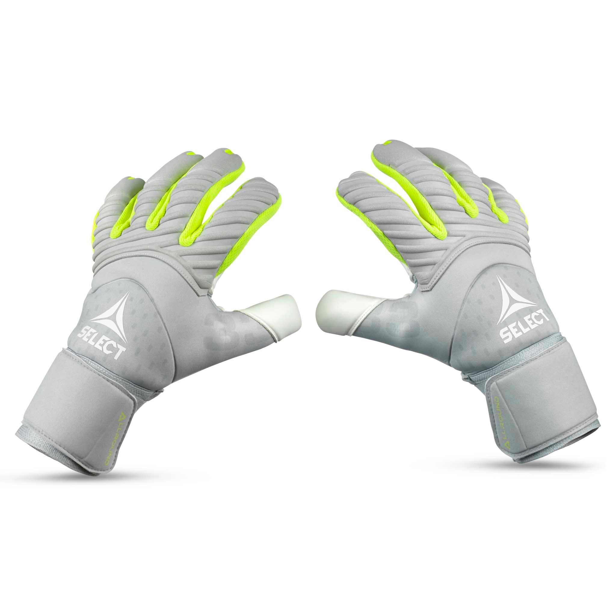 Forside av grå og neongule GK gloves 33 Allround v26 keeperhansker til fotball.