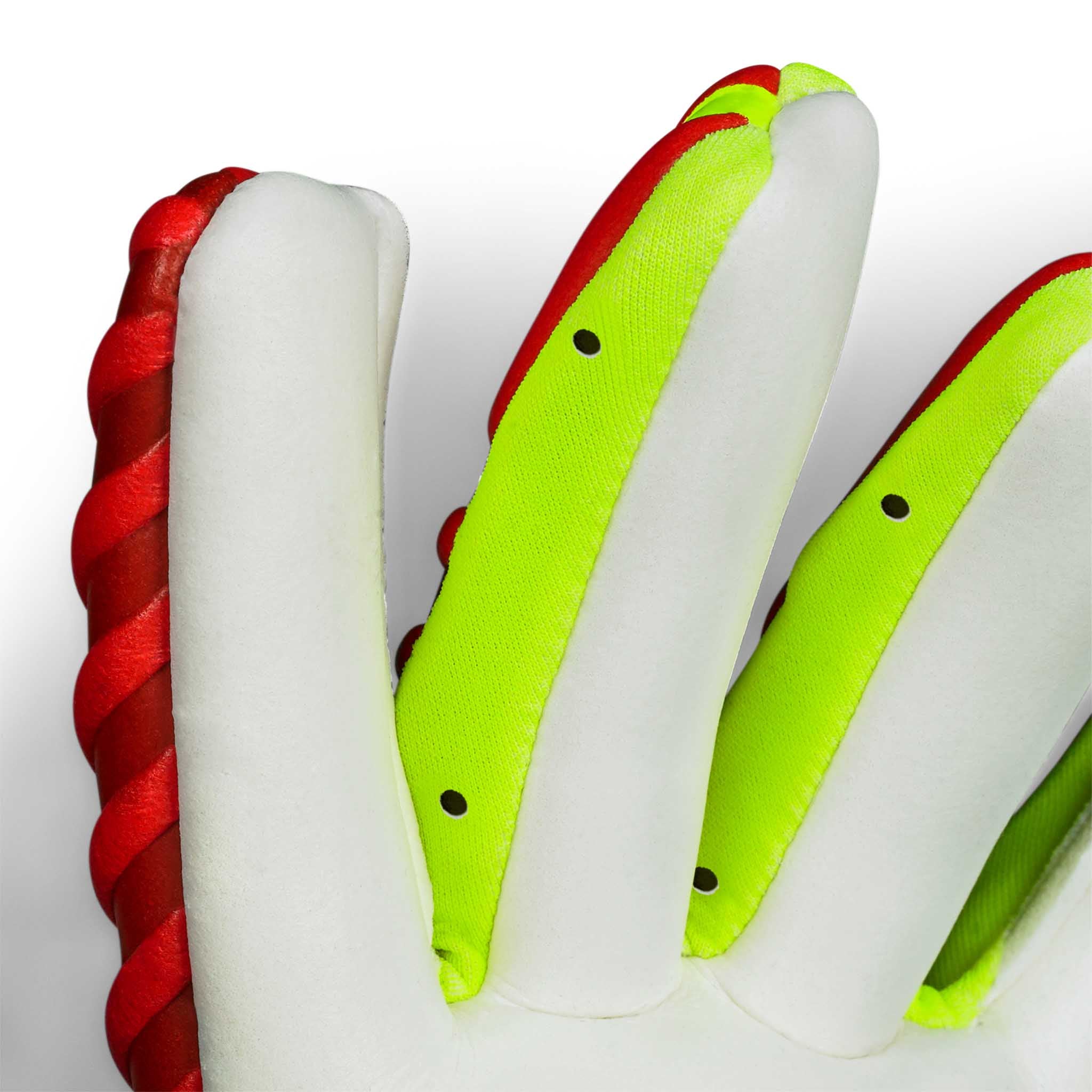 Nærbilde av GK gloves 55 Extra Force v26 keeperhansker med hvite, røde og neongule fingre.