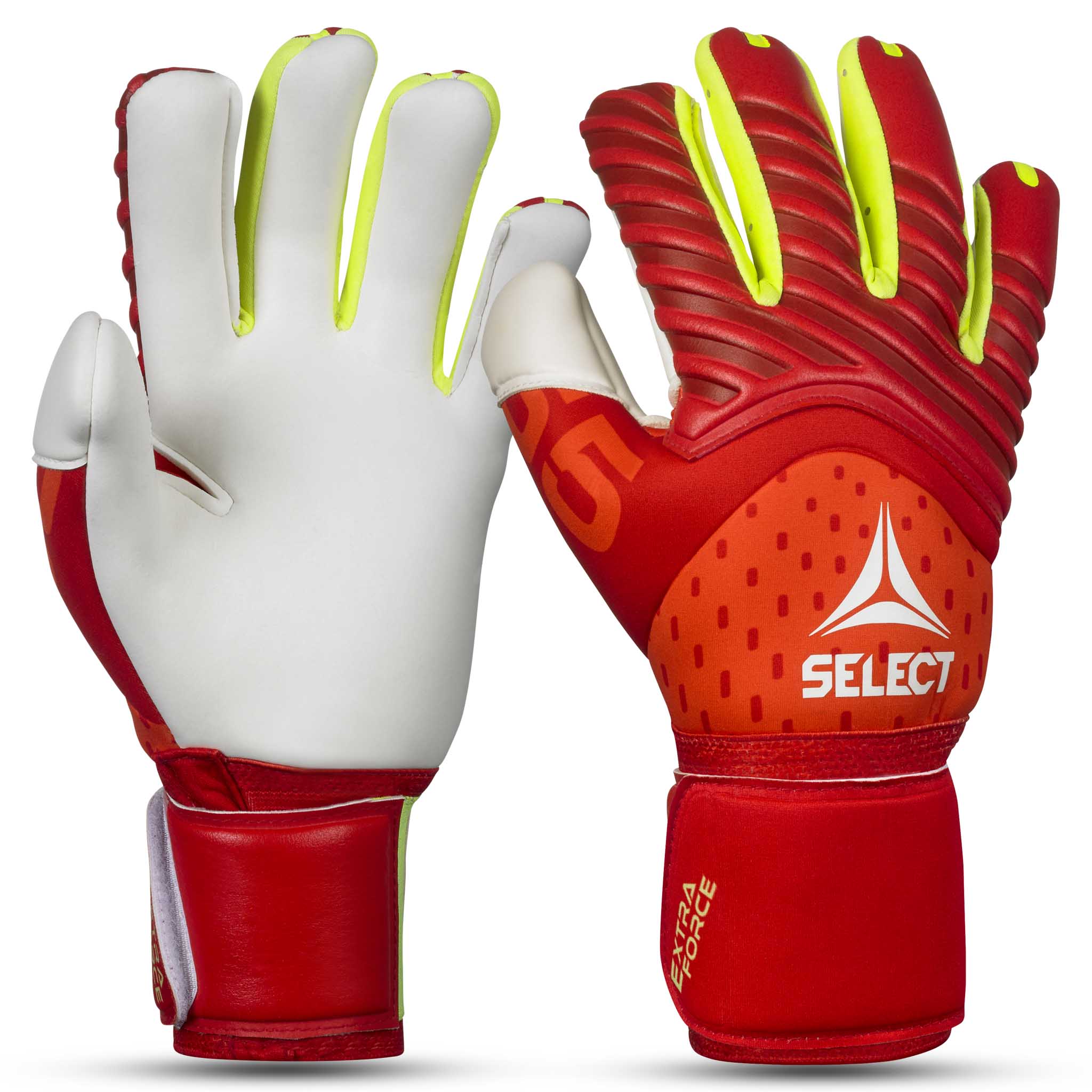 GK gloves 55 Extra Force v26 målmandshandsker i rød og orange med gule detaljer, forsidevisning.