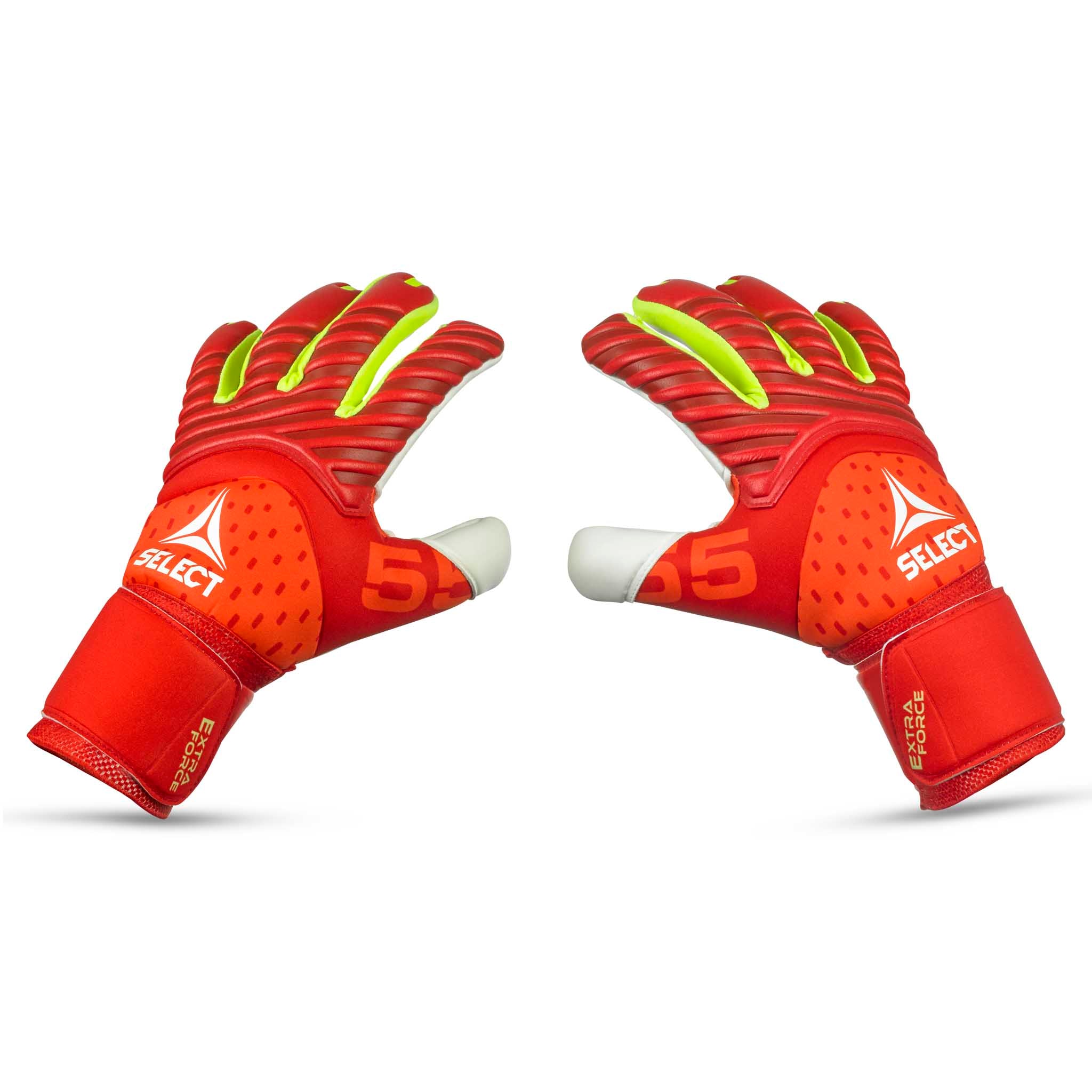 Forside af røde GK gloves 55 Extra Force v26 målmandshandsker med gule detaljer