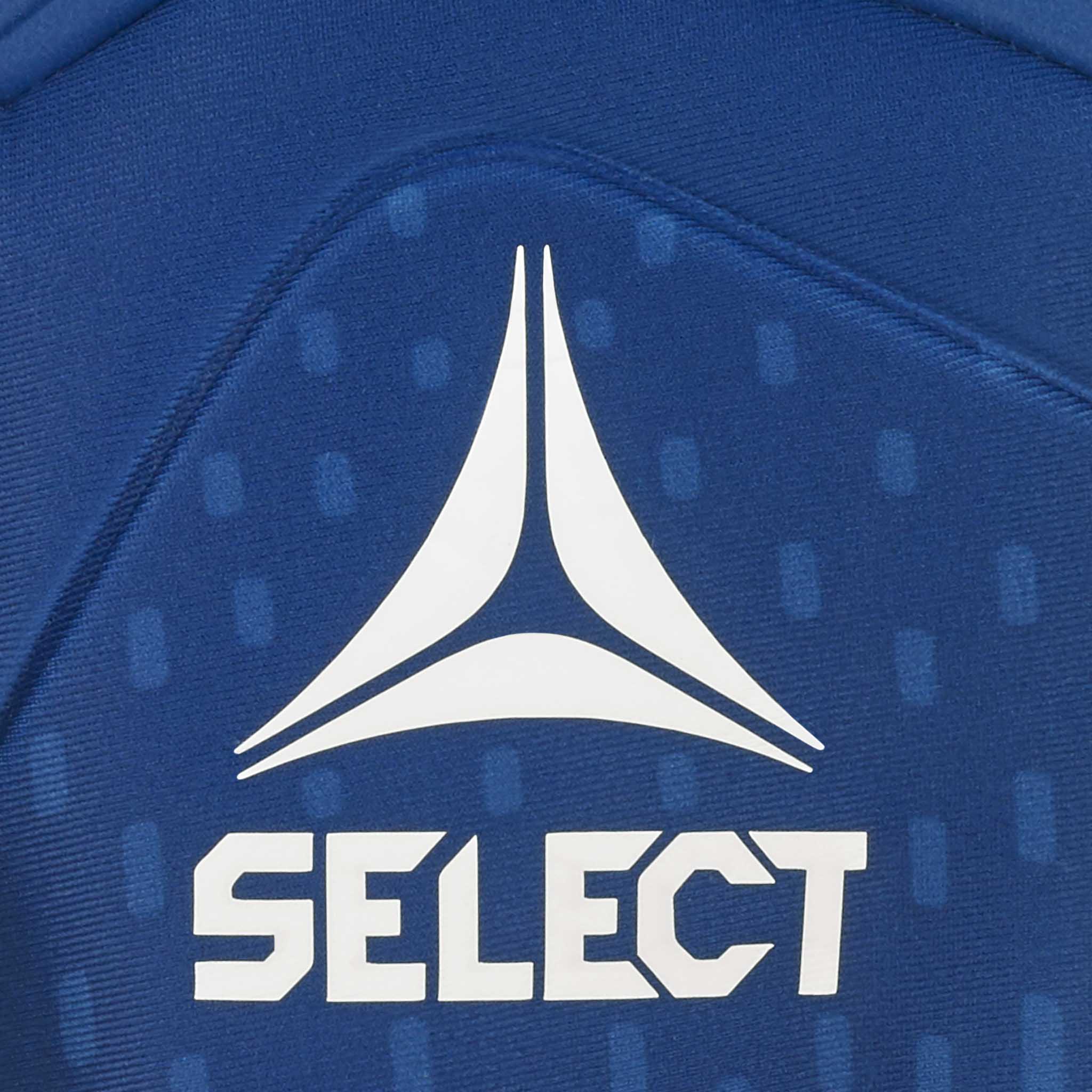 Closeup af blå GK gloves 77 Super Grip v26 målmandshandsker med hvidt Select-logo på struktureret stof
