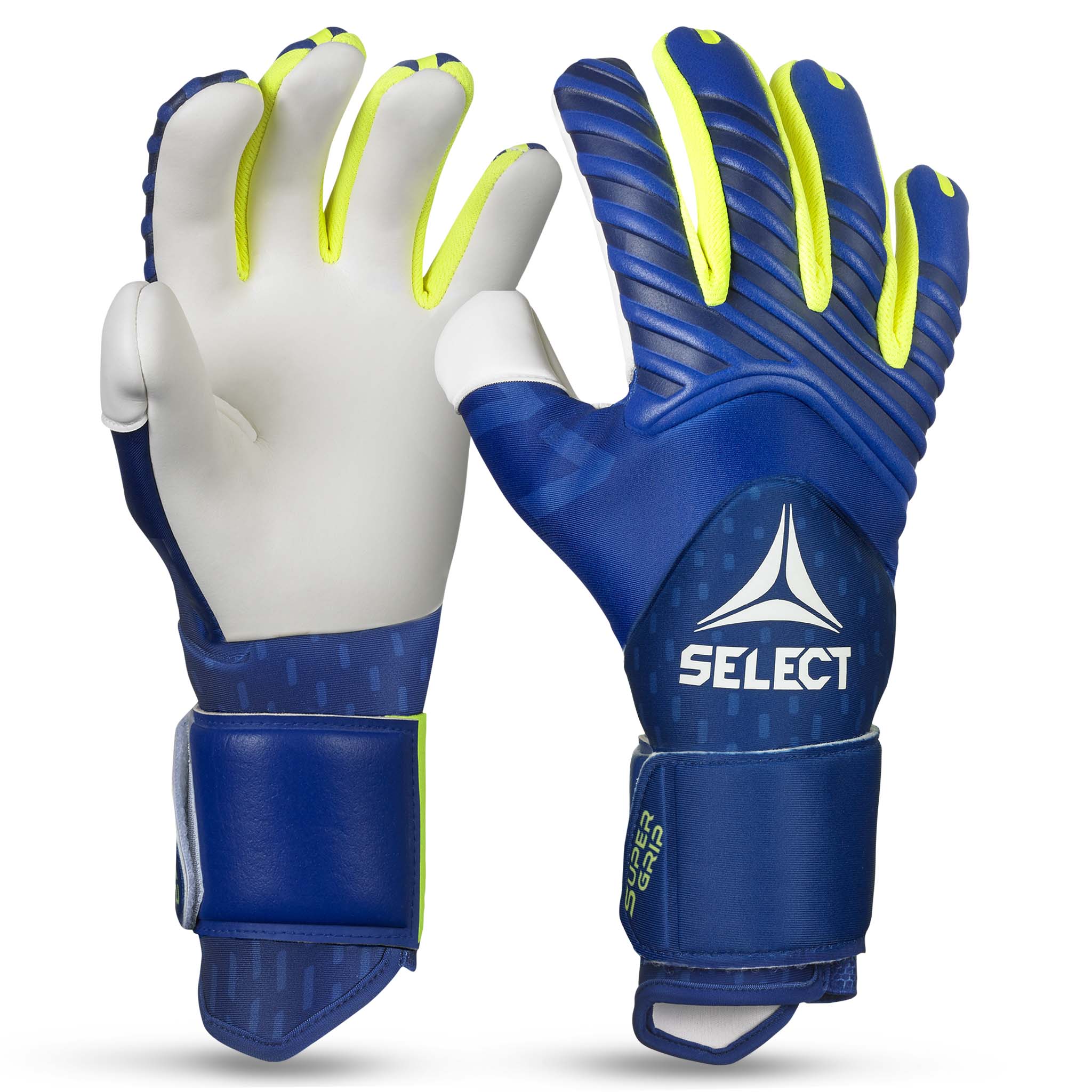 GK gloves 77 Super Grip v26, blå målmandshandsker med gule detaljer og hvide håndflader, fodbold, set forfra.