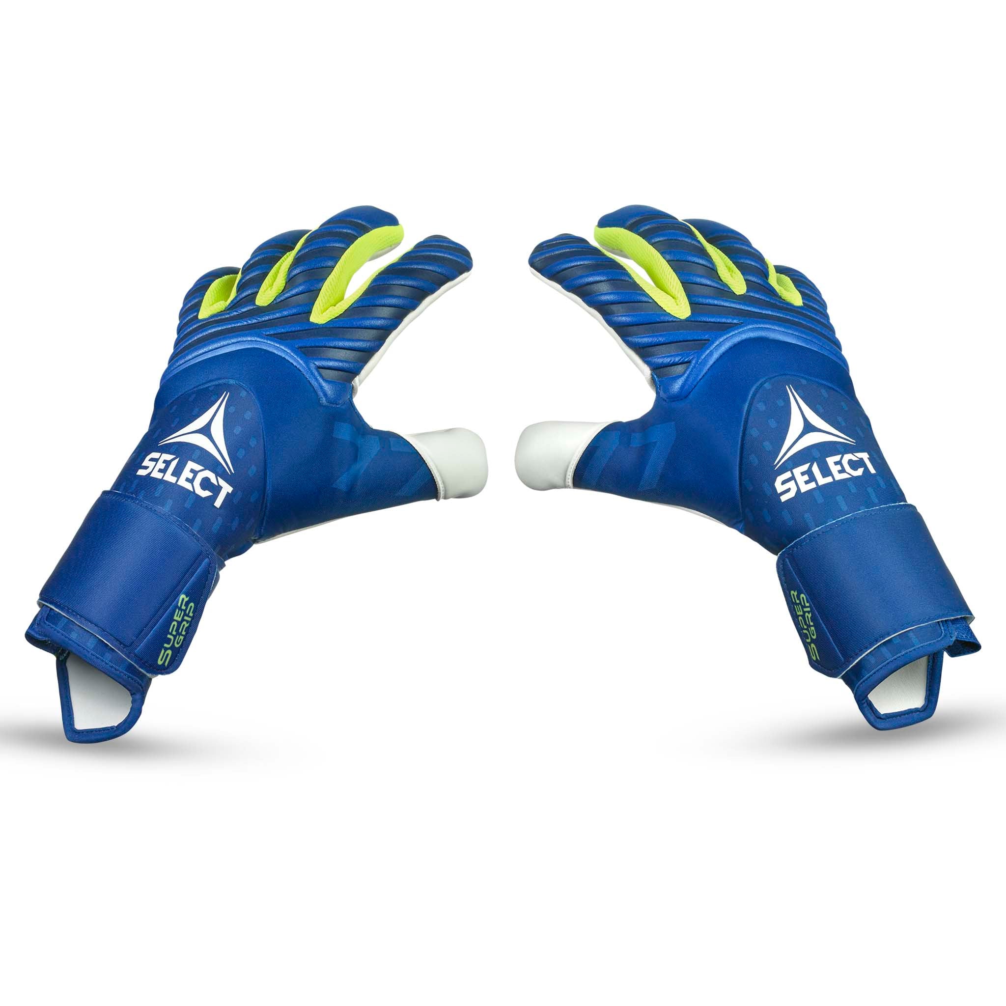 Forside: blå GK gloves 77 Super Grip v26 målmandshandsker med gule detaljer og hvidt logo.