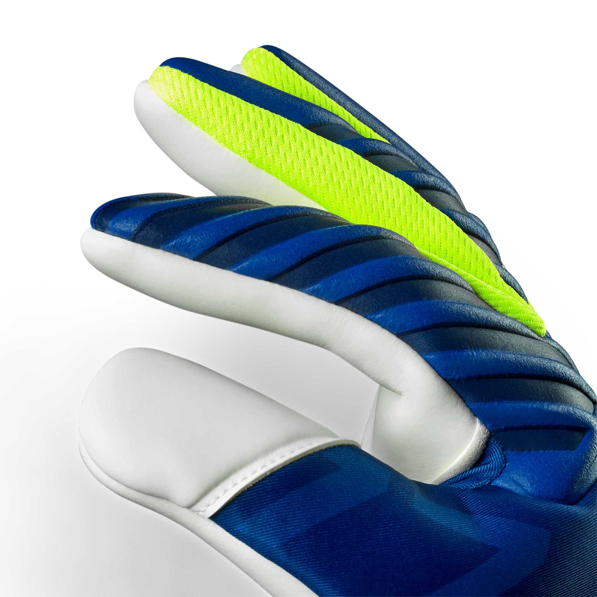Nærbillede af GK gloves 77 Super Grip v26 målmandshandsker i blå med gule og hvide detaljer, set fra højre