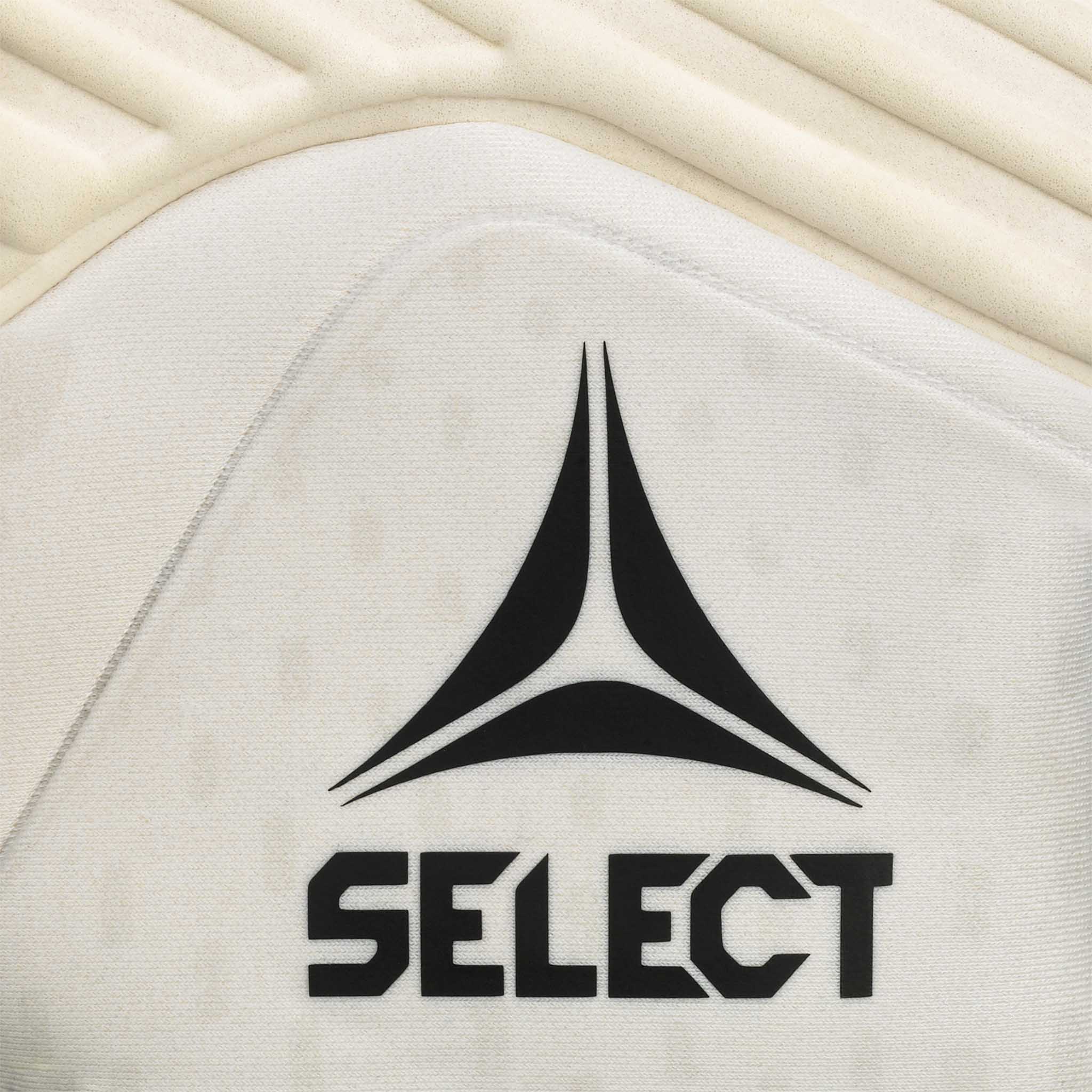 Nærbillede af hvide GK gloves 88 Kids v26 målmandshandsker med sort Select-logo