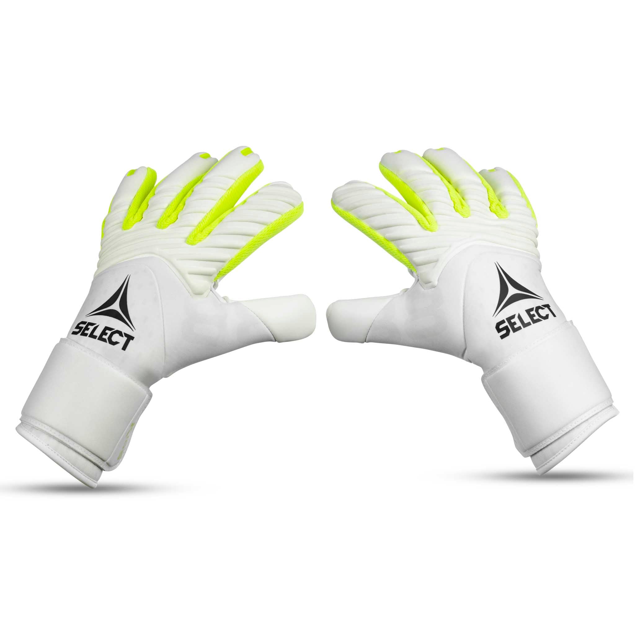 GK gloves 88 Kids v26 keeperhansker i hvitt med neongule detaljer, sett forfra.