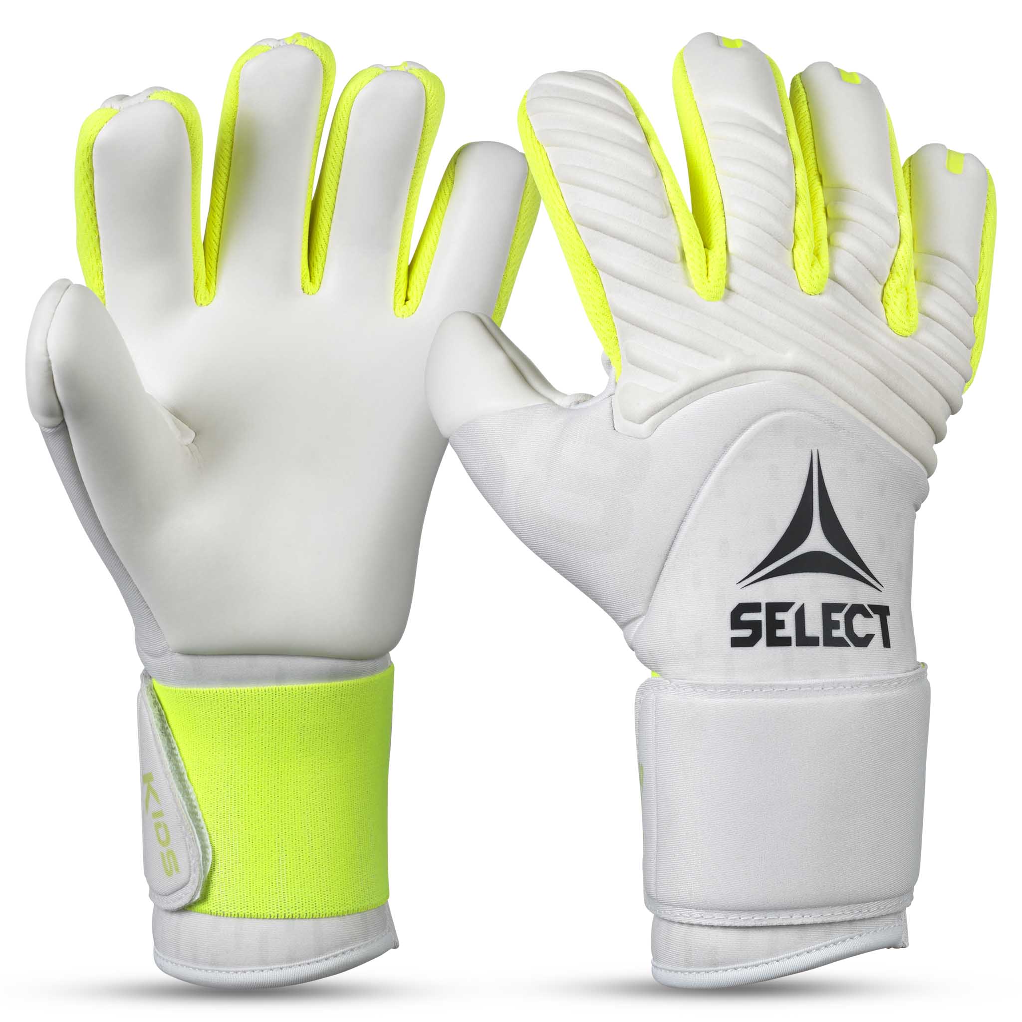 GK gloves 88 Kids v26 målmandshandsker, forside, i hvid med neongule detaljer.