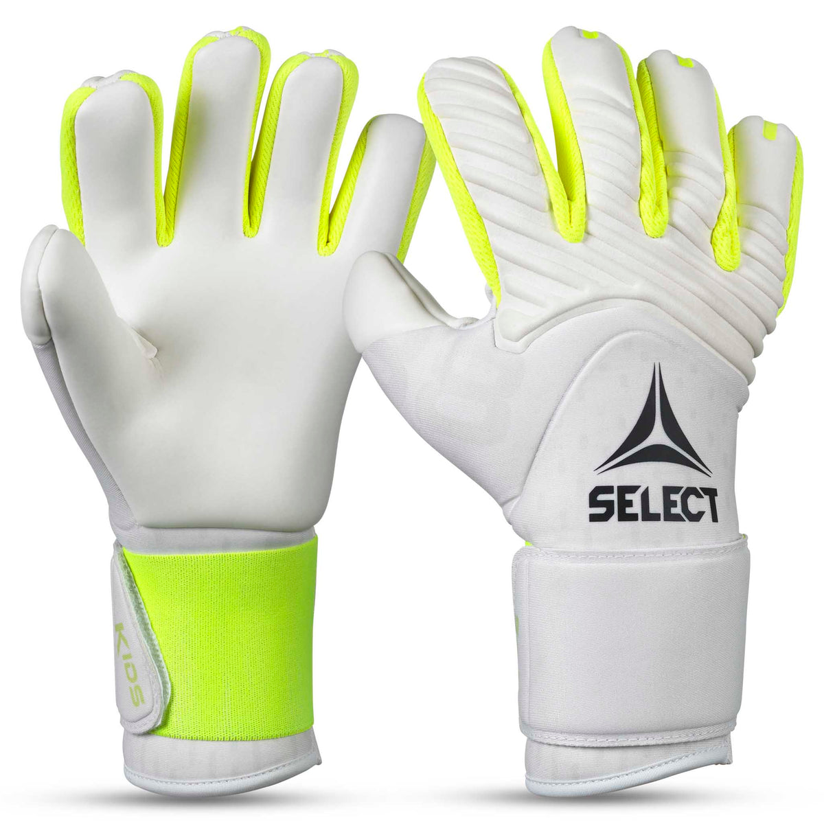 GK gloves 88 Kids v26 keeperhansker i hvitt med neongule detaljer, forsidevisning.