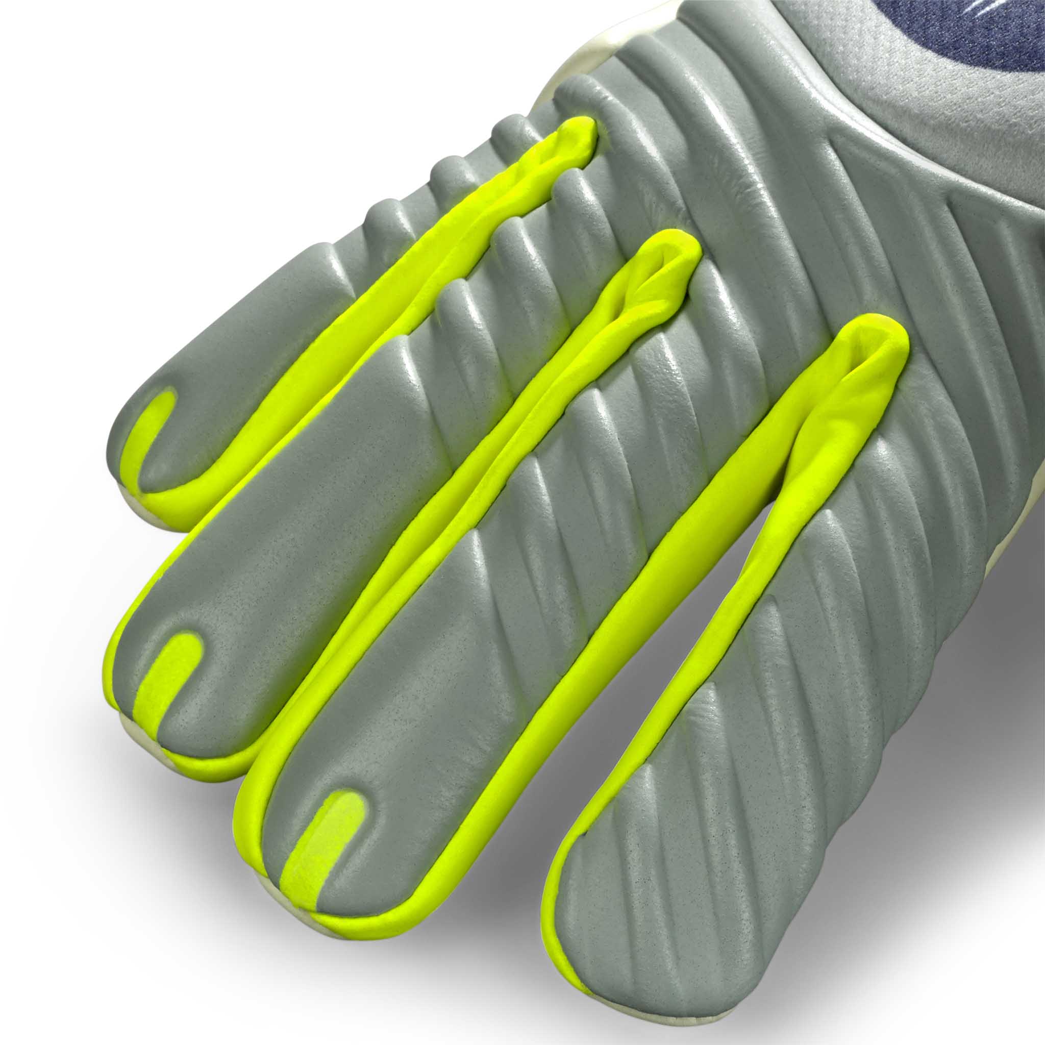 Nærbilde av GK gloves 88 Pro Aqua v26 keeperhansker i grått med neongule fingerdetaljer.