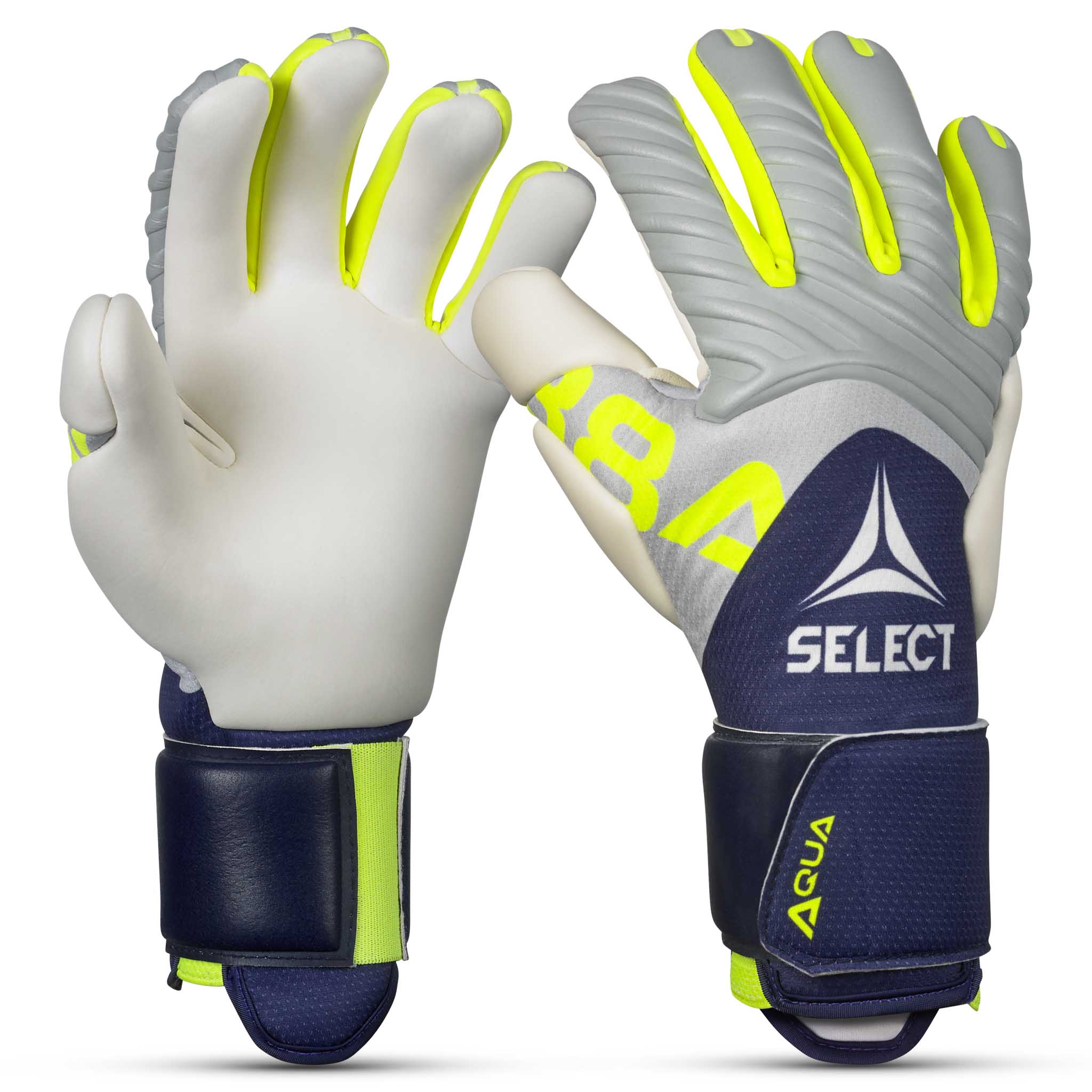 Forside av GK gloves 88 Pro Aqua v26 keeperhansker i mørkeblå, grå, hvit og neongul til fotball.