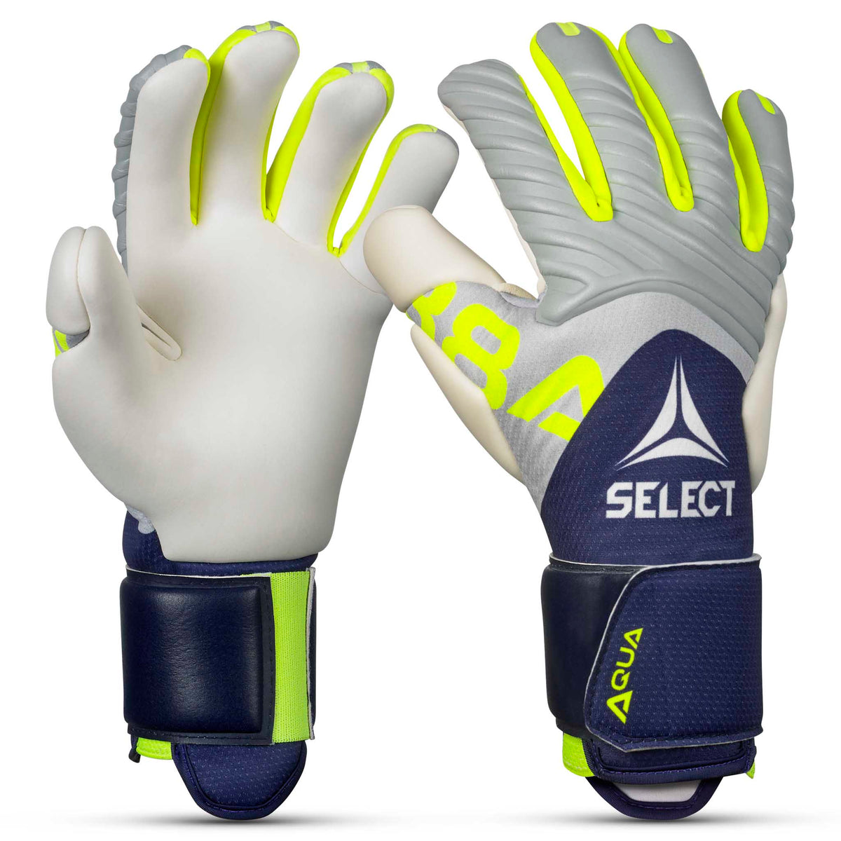 GK Gloves 88 Pro Aqua v26 keeperhansker i grått, marineblått og neongult, forsidevisning.