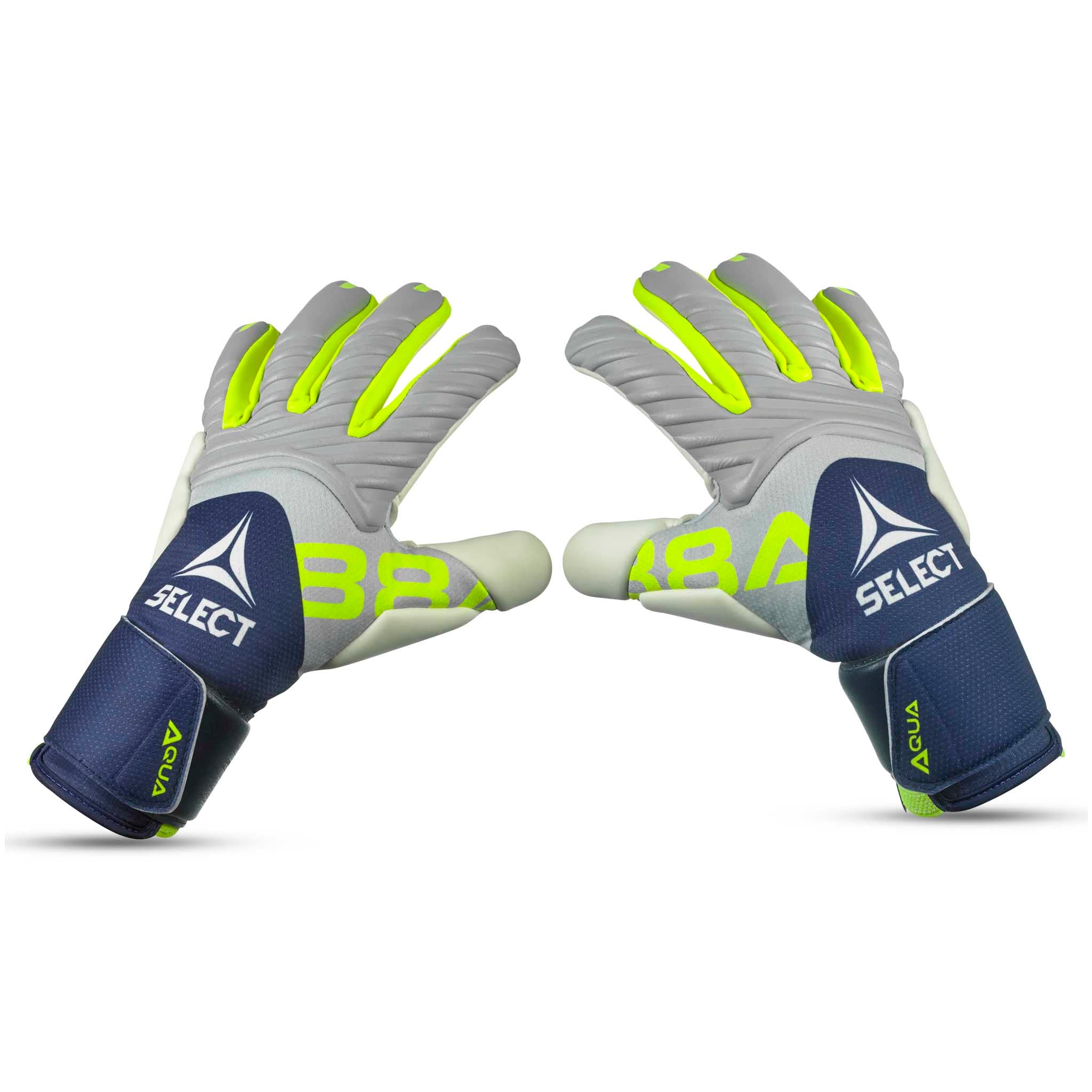 Forfra-billede af Select GK gloves 88 Pro Aqua v26 fodbold-målmandshandsker i mørkeblå, grå og neongul.