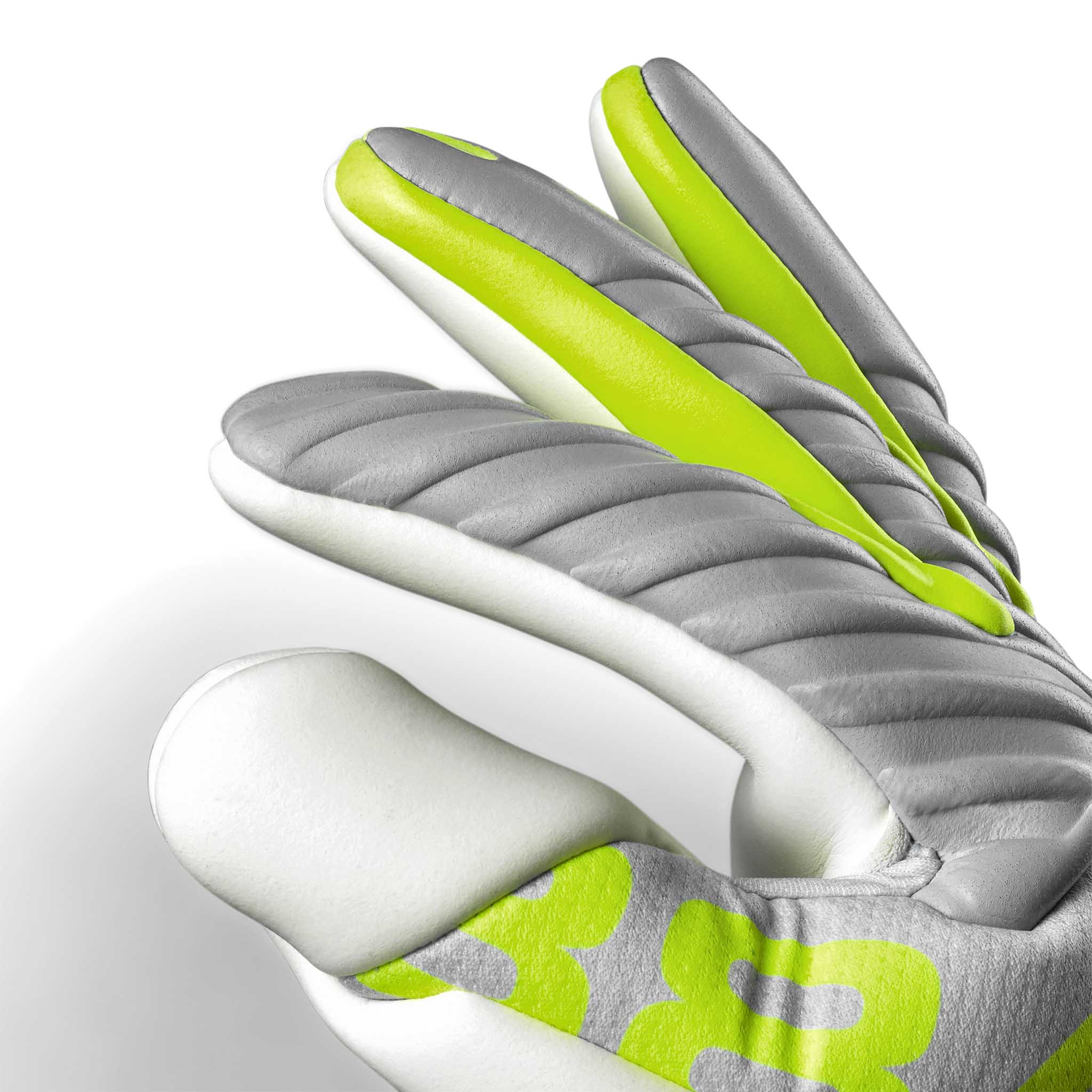 Nærbilde av GK gloves 88 Pro Aqua v26 keeperhansker for fotball med grå, hvite og neongrønne fingerdetaljer.