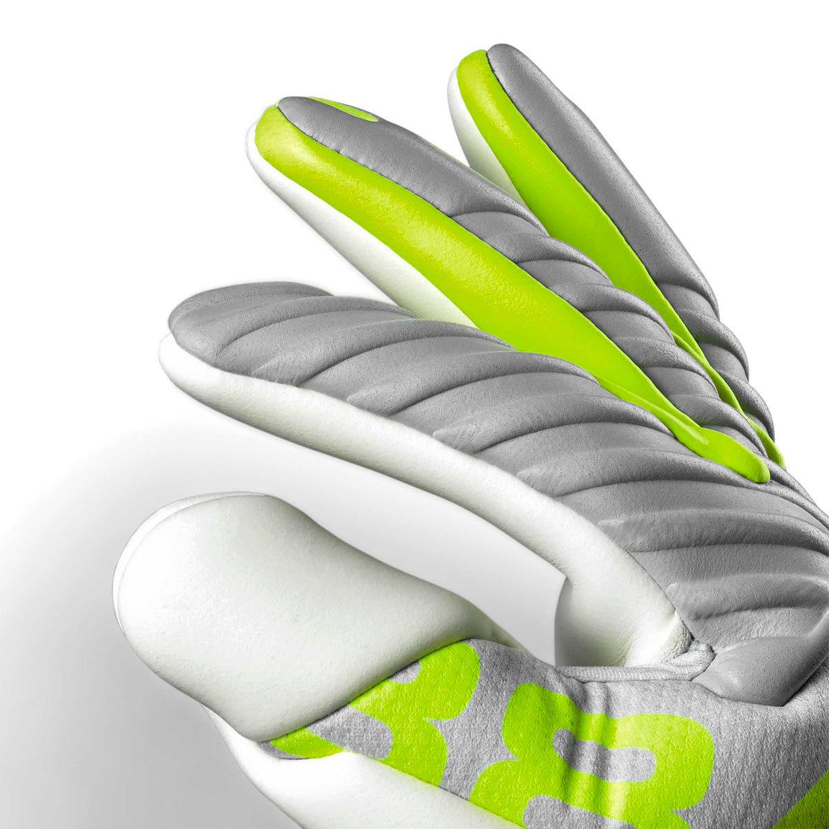 Nærbillede af 88 Pro Aqua v26 målmandshandsker med grå, hvide og limegrønne fingerdetaljer