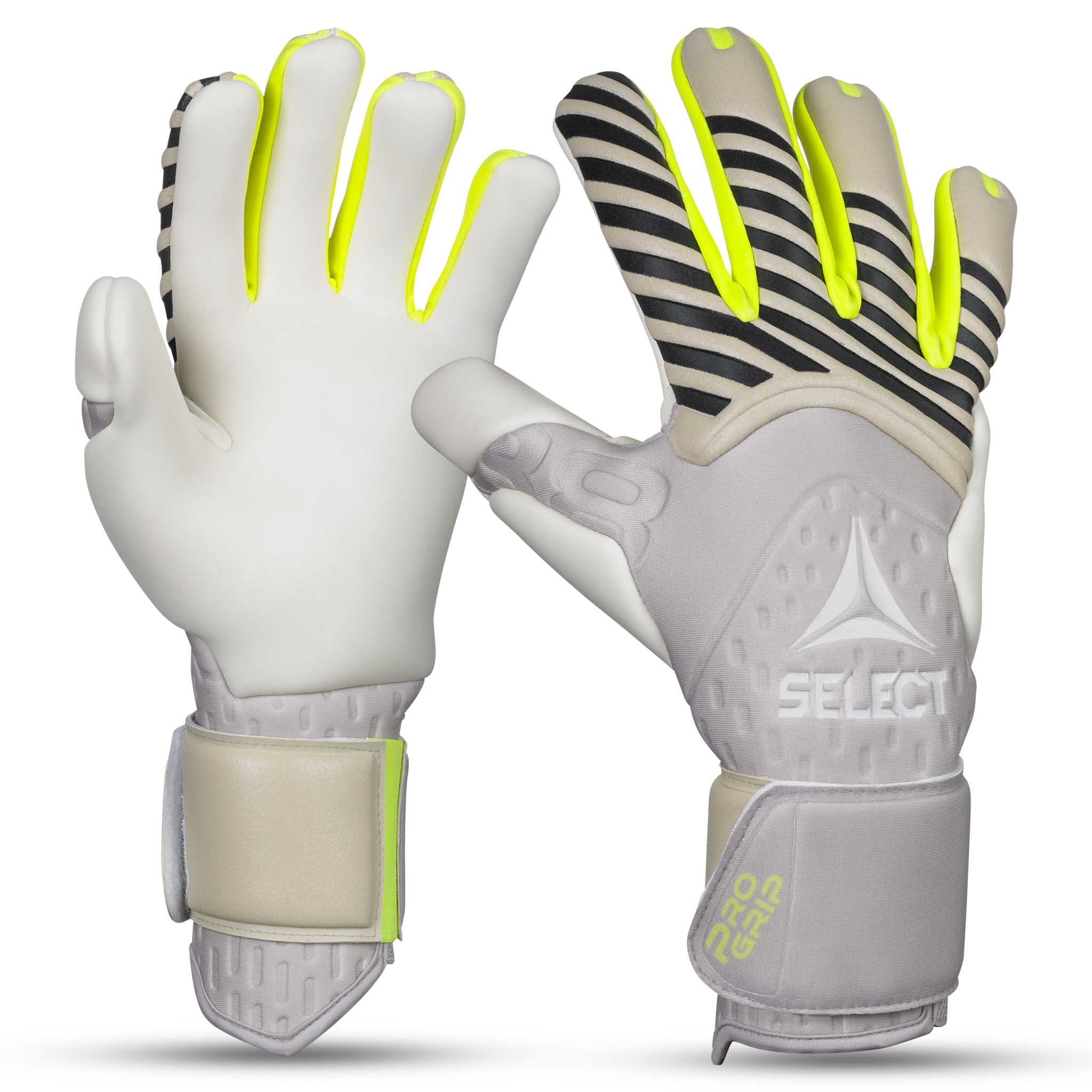 Forfra-bilde av GK gloves 88 Pro Grip v26 fotball keeperhansker i hvitt, beige og grått med neongule detaljer.