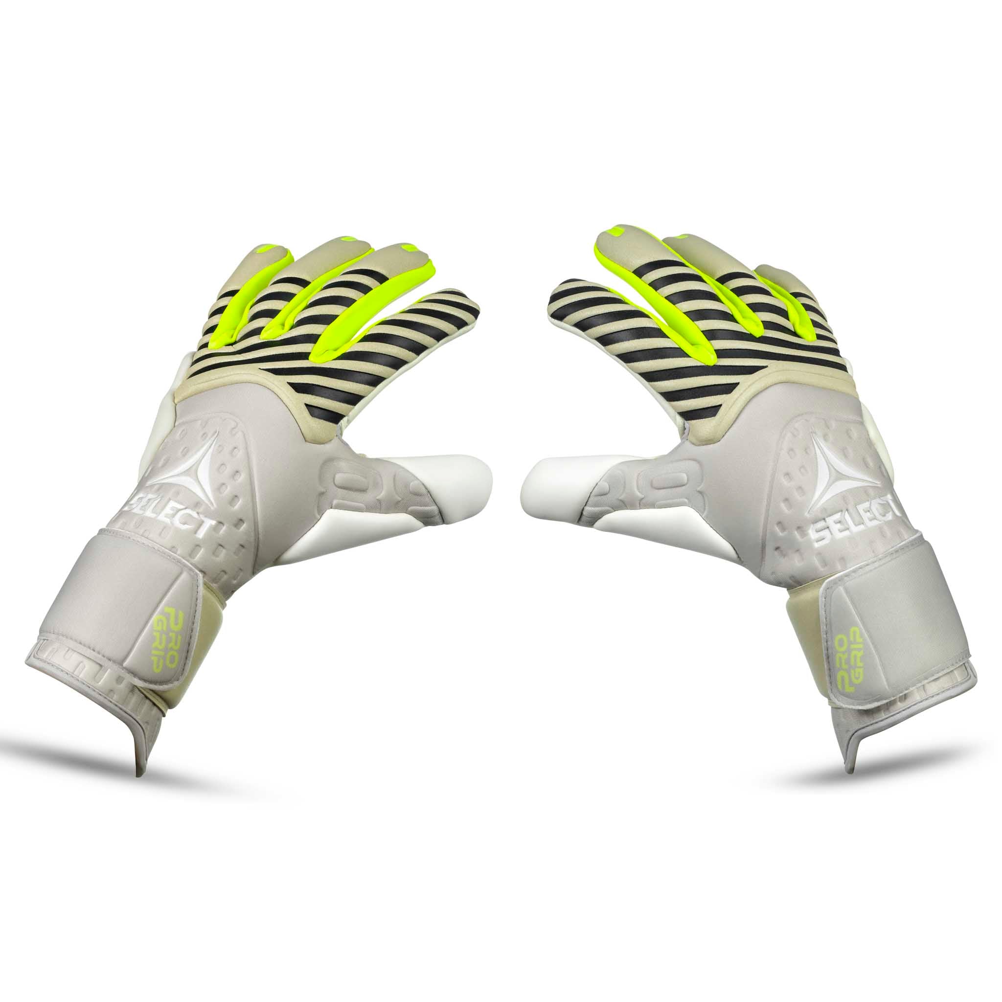 Forside av GK hansker 88 Pro Grip v26 fotball keeperhansker i hvitt, svart og neongult.