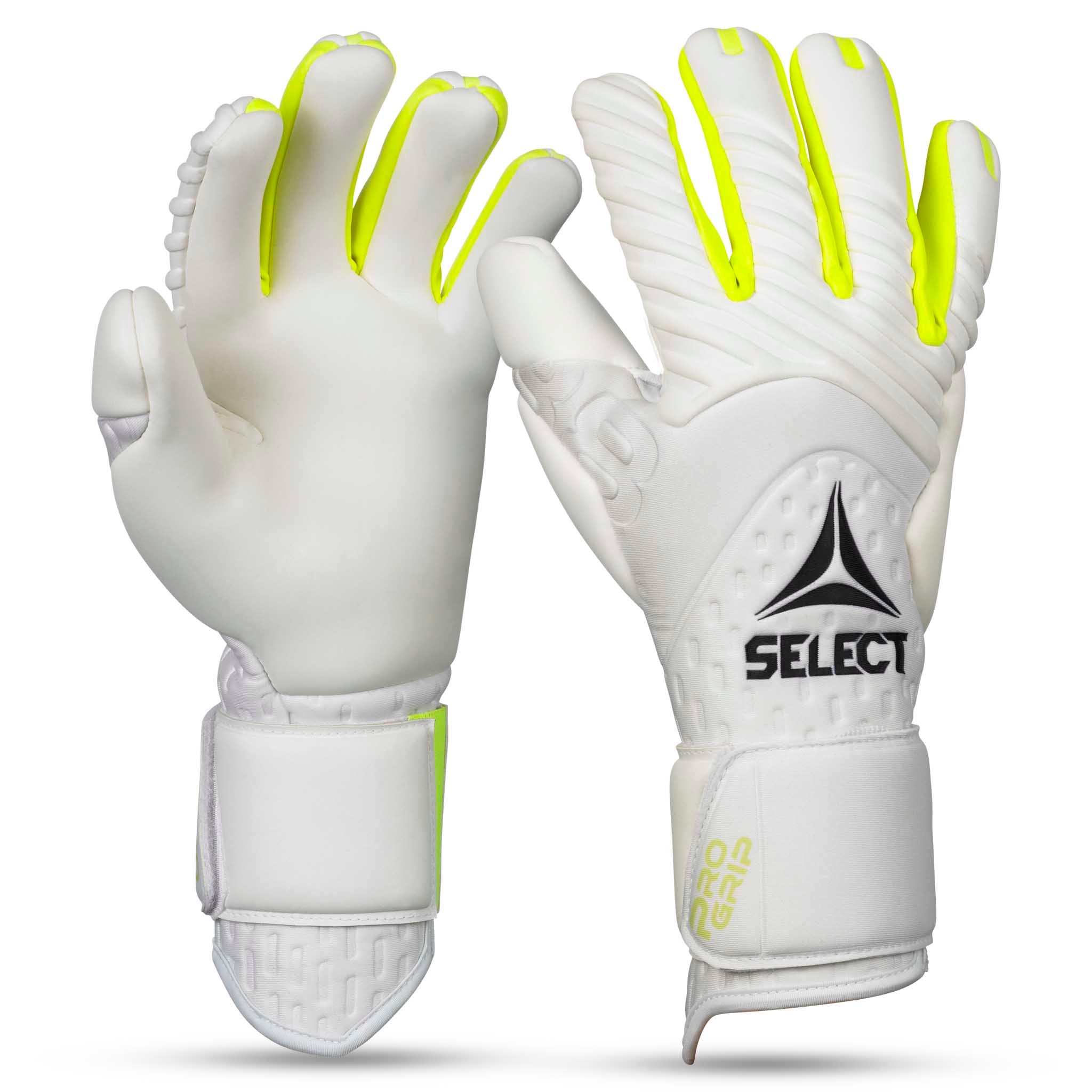 Forside af GK handsker 88 Pro Grip v26 målmandshandsker i hvid med neongule detaljer til fodbold.