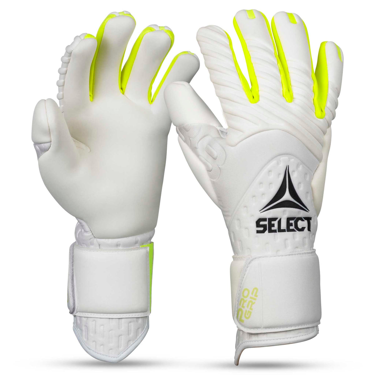 GK Gloves 88 Pro Grip v26 keeperhansker i hvitt med gule detaljer, forside.