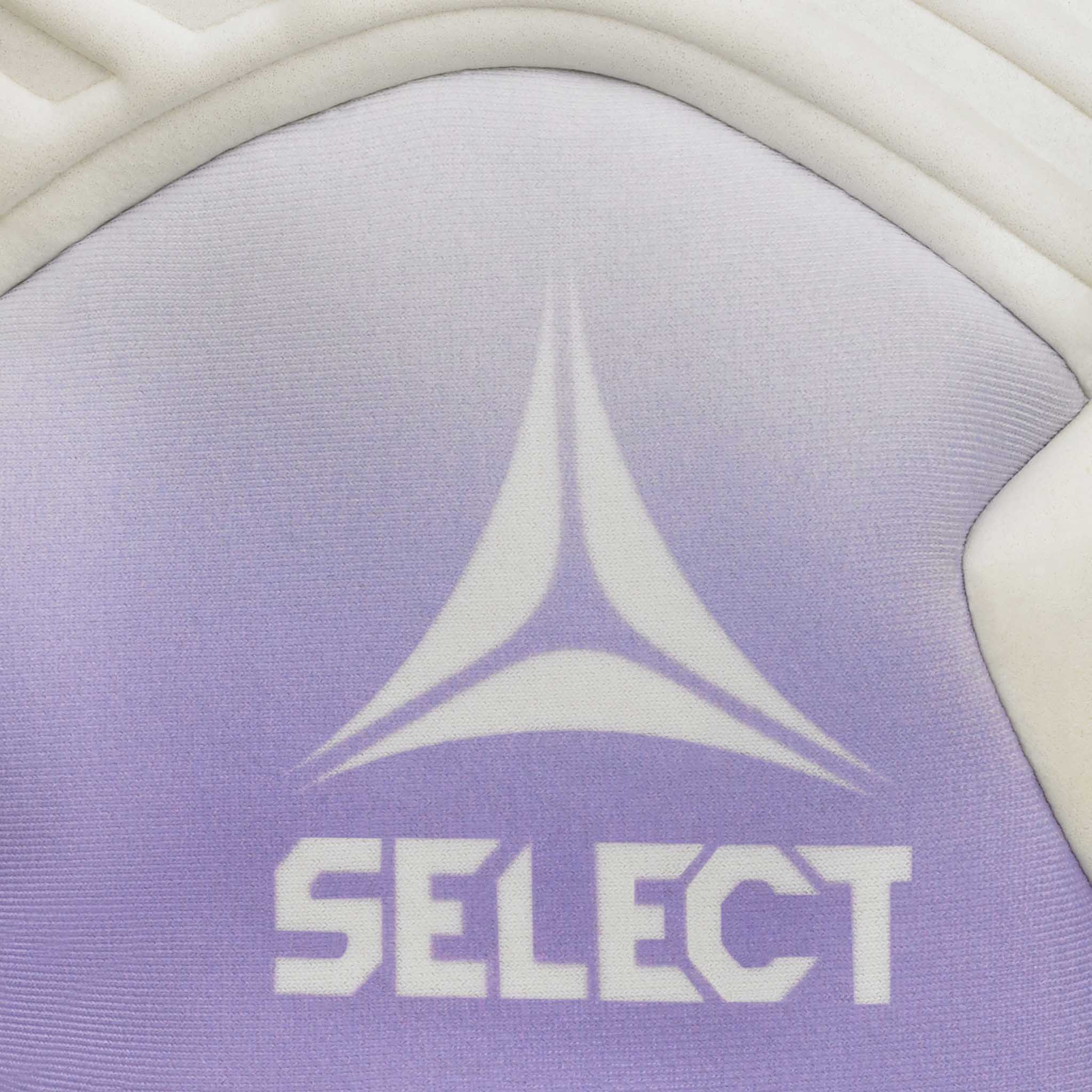 Nærbilde av GK gloves 89 Women v26 fotball-keeperhansker med hvit Select-logo på rosa-lilla og beige bunn.