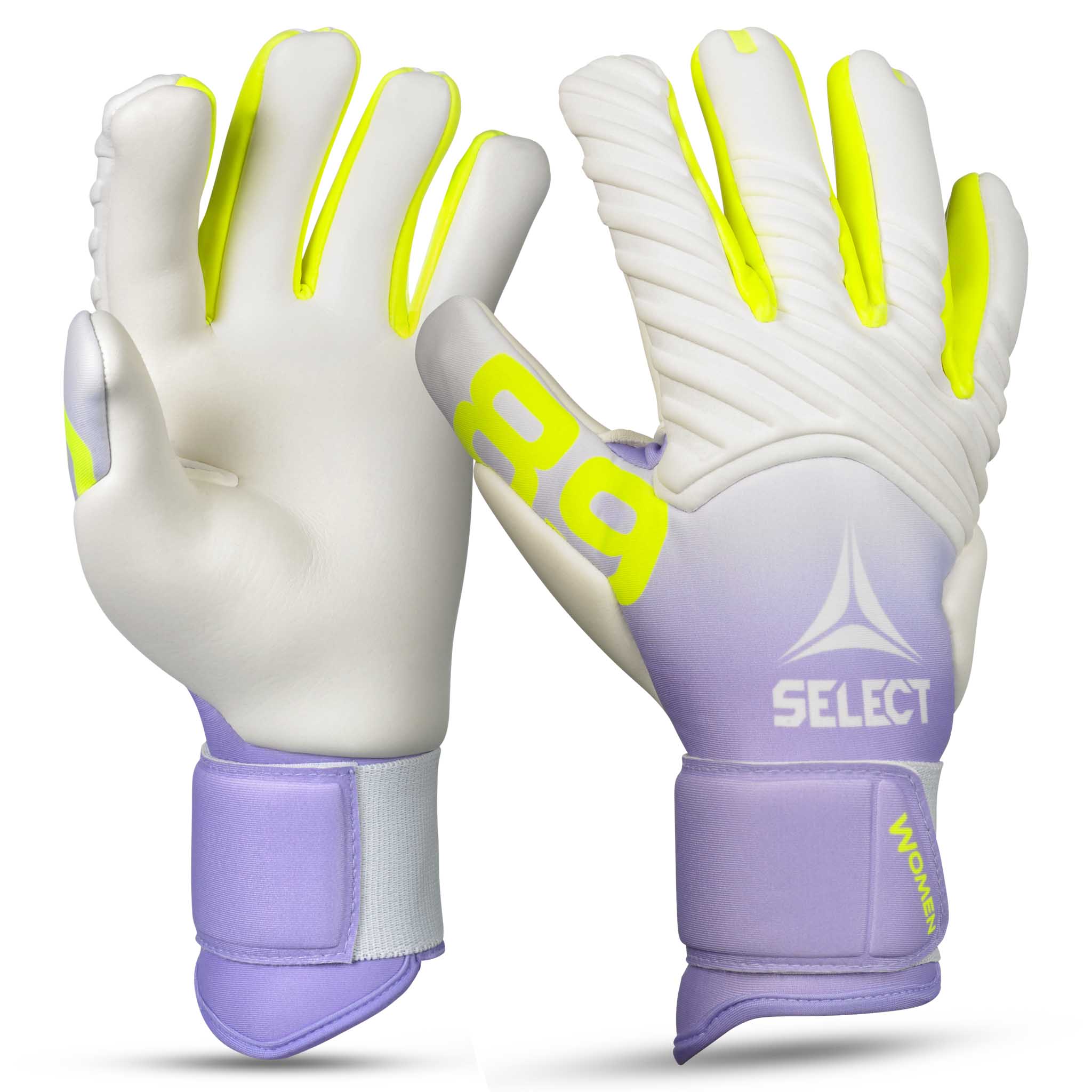 Forside af GK gloves 89 Women v26 målmandshandsker i hvid, lilla og neongul.