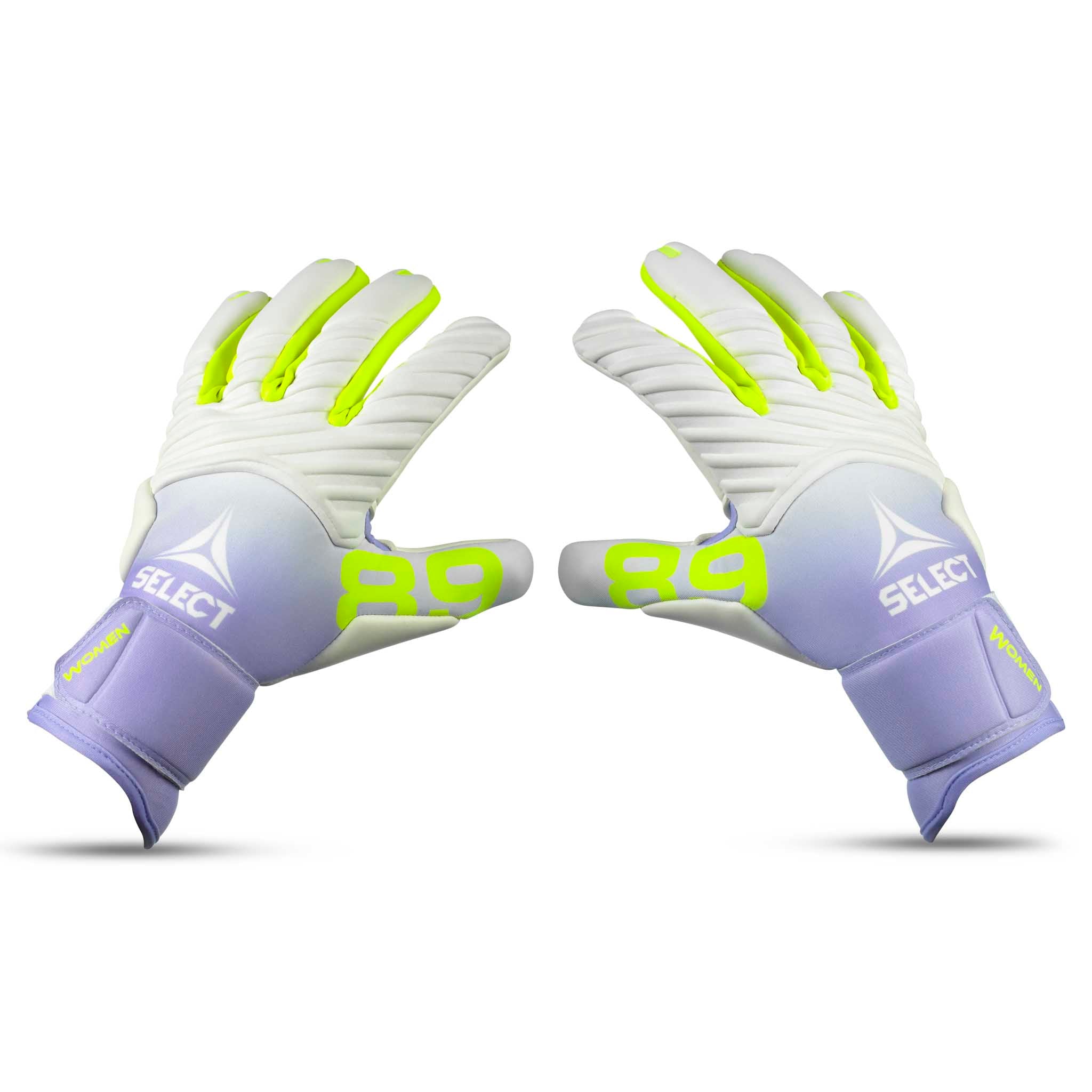 Forfra av GK gloves 89 Women v26 keeperhansker i hvitt, lilla og neongult.