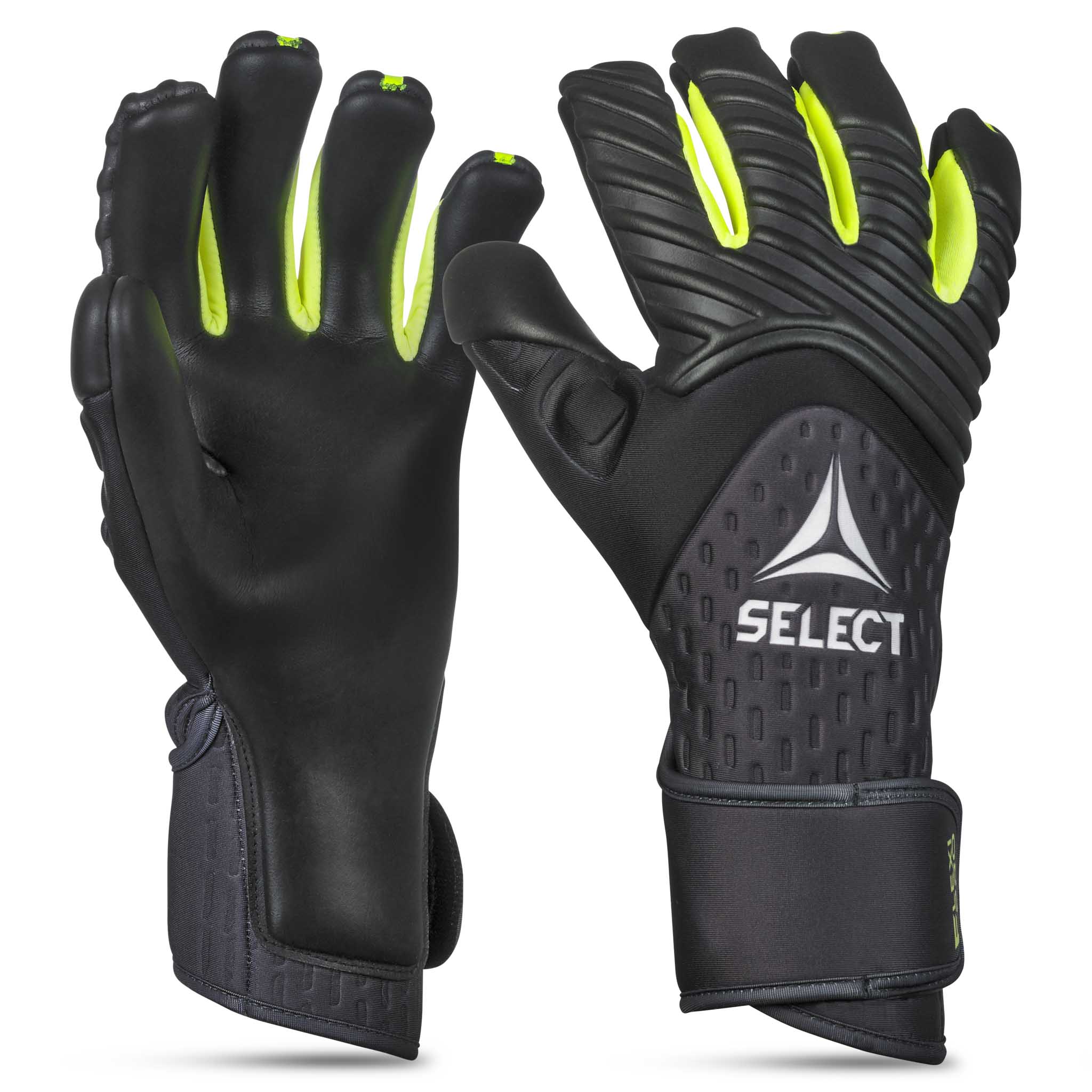 Forside af GK gloves 90 Flexi Pro v26 målmandshandsker til fodbold i sort med neongule detaljer.