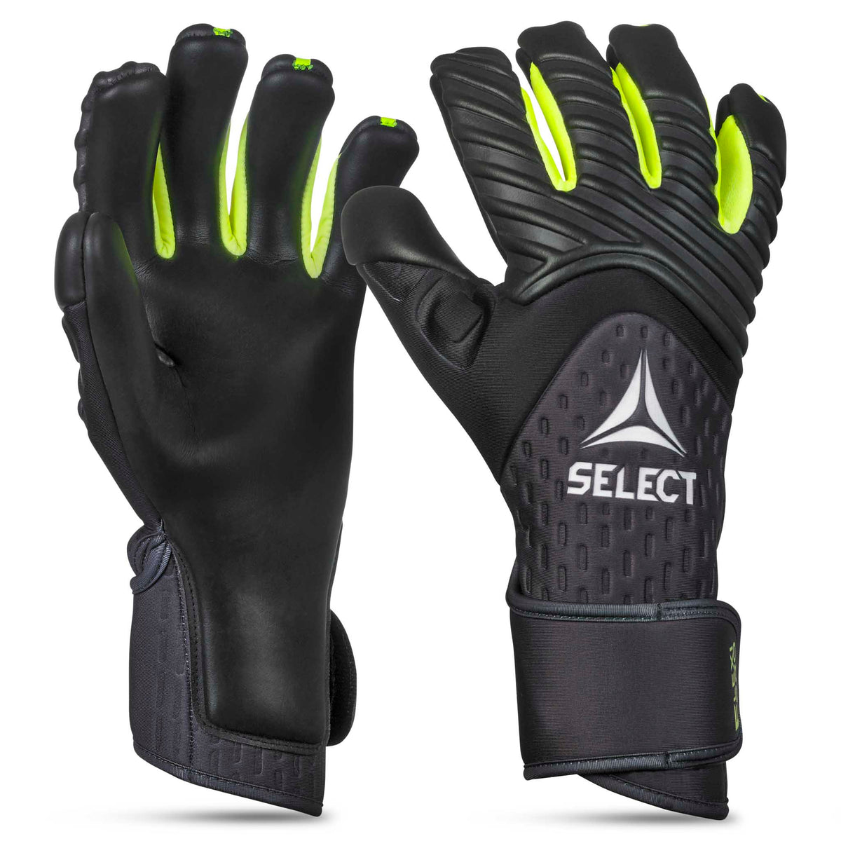 GK Gloves 90 Flexi Pro v26 fotball keeperhansker i sort med neongule detaljer, forsidevisning.