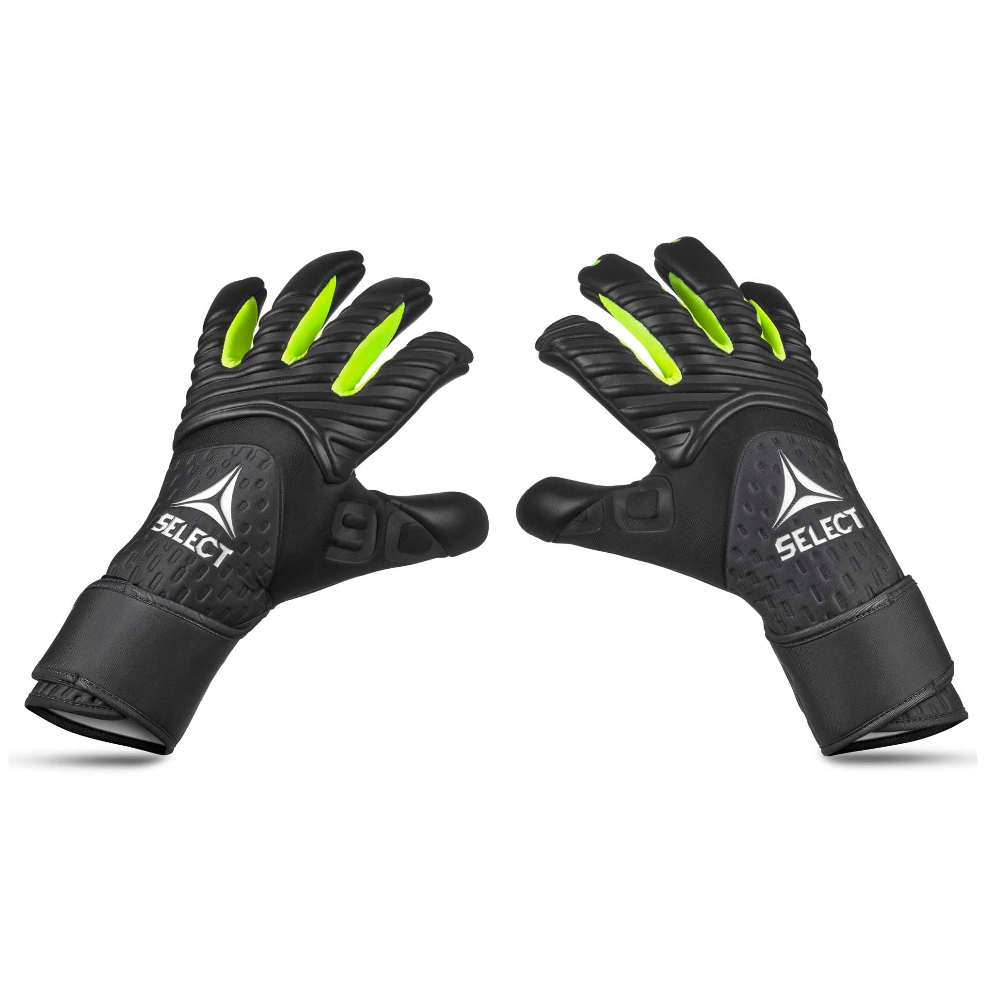 Forfra-visning af GK gloves 90 Flexi Pro v26 målmandshandsker i sort med neongule fingerdetaljer.
