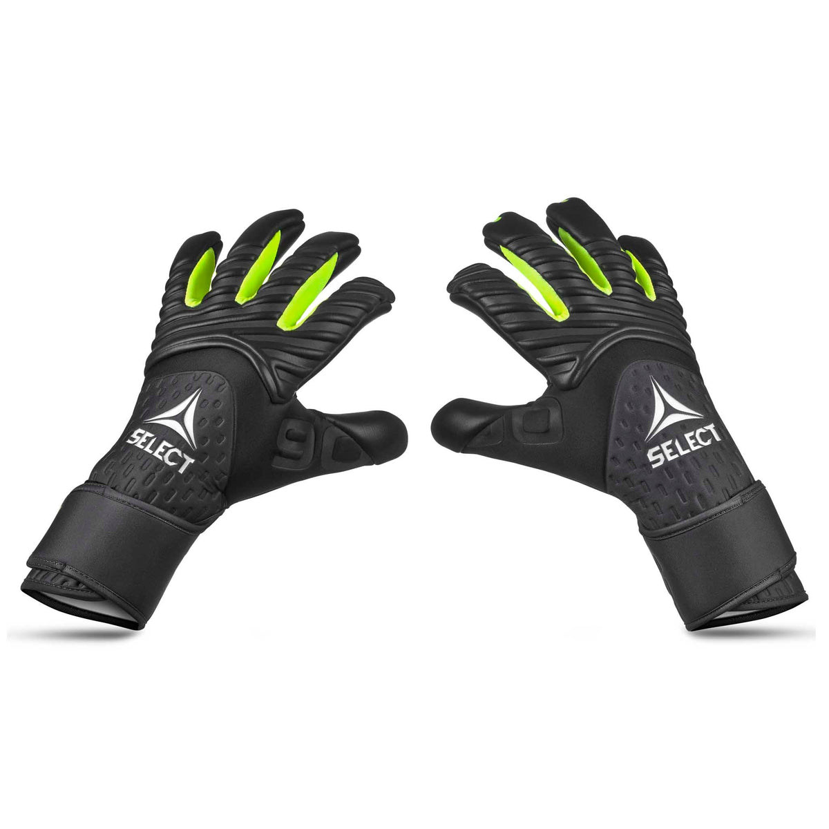 Forside av GK Gloves 90 Flexi Pro v26 keeperhansker for fotball i svart med gule fingre.