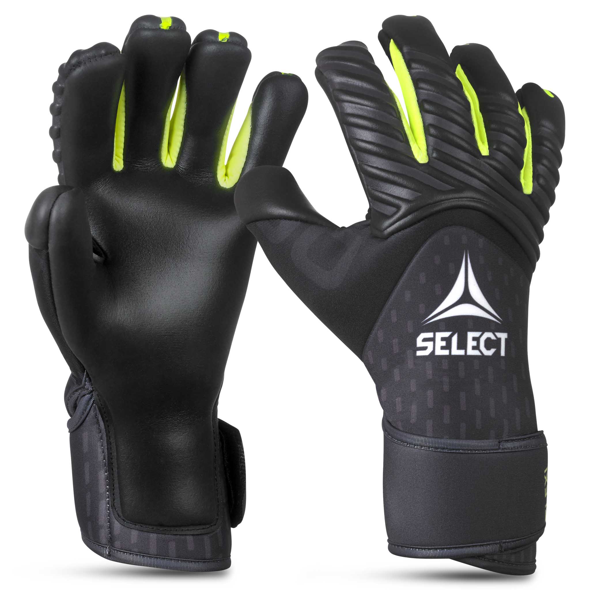 GK gloves 90 Kids v26 målmandshandsker i sort med gule detaljer, forside
