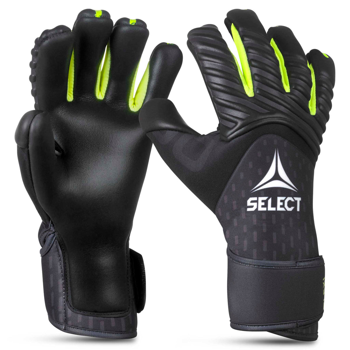 Forside av GK gloves 90 Kids v26 fotball-keeperhansker i sort med gule detaljer.