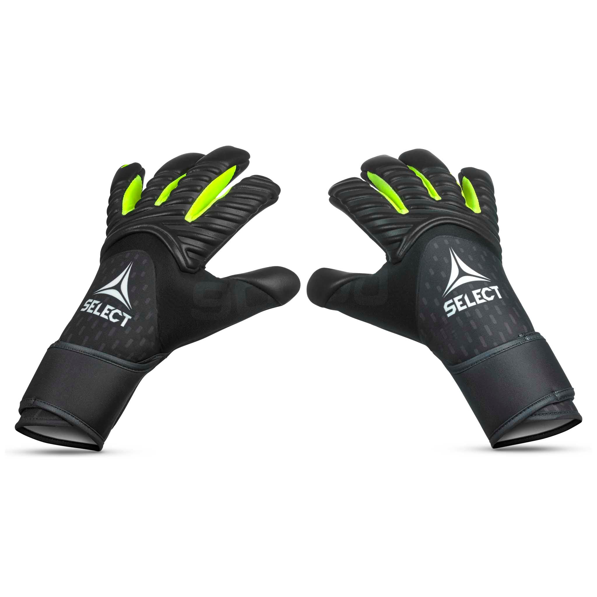 GK gloves 90 Kids v26, sorte målmandshandsker med grønne detaljer, forside