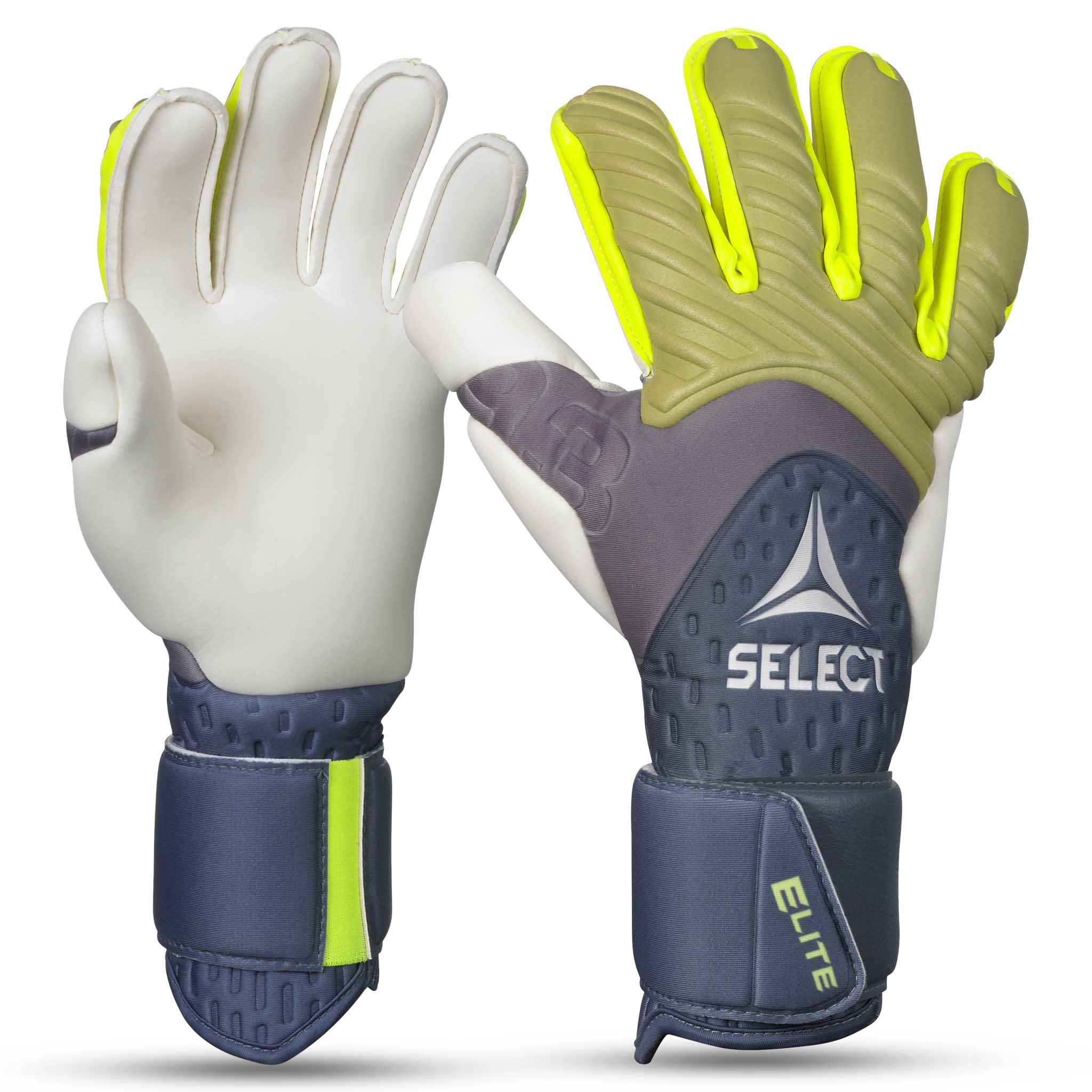 Forside af GK gloves 93 Elite v26 målmandshandsker i hvid, gul og marineblå til fodbold.