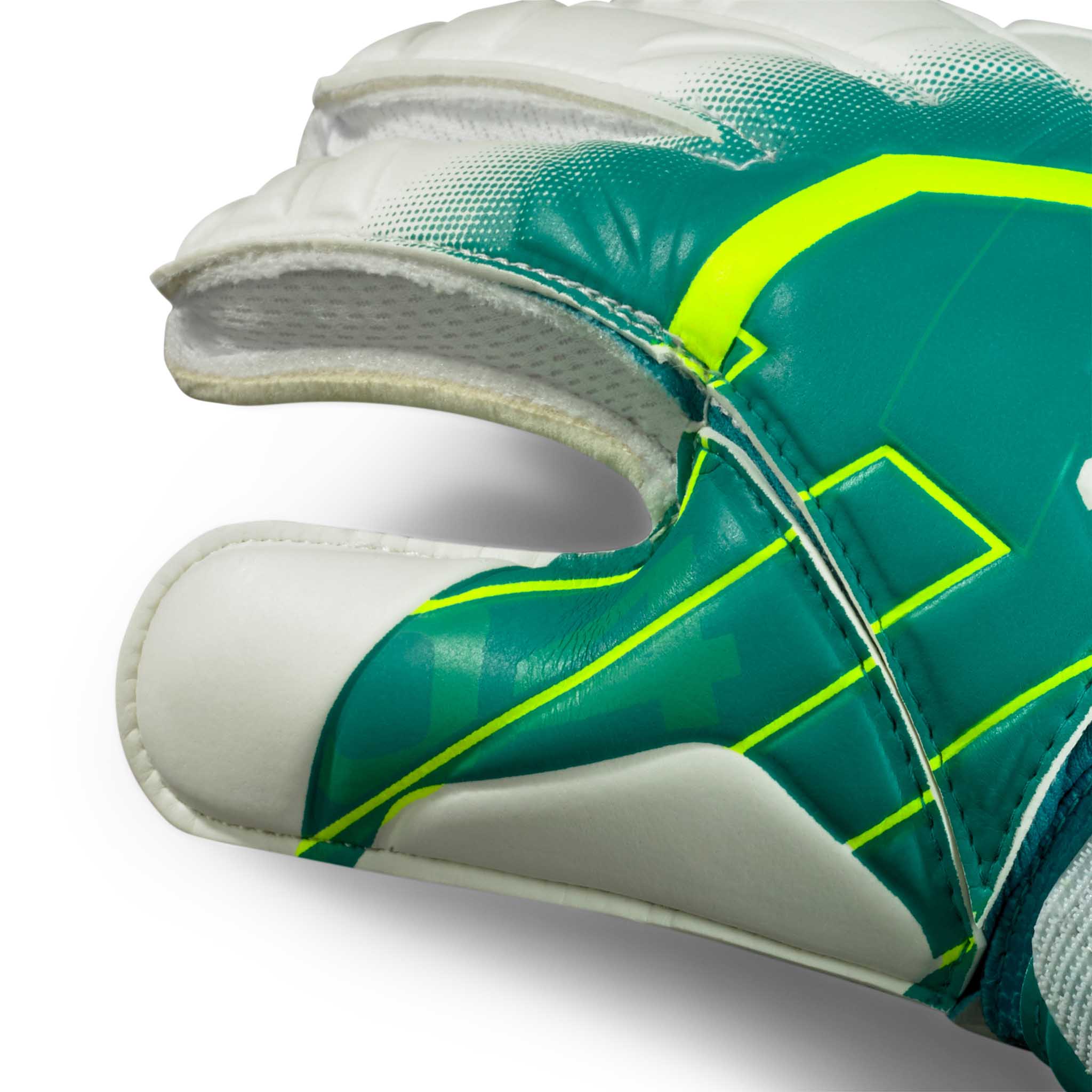 Nærbilde av GK gloves 04 Protection v26 keeperhansker i grønt, hvitt og gult.