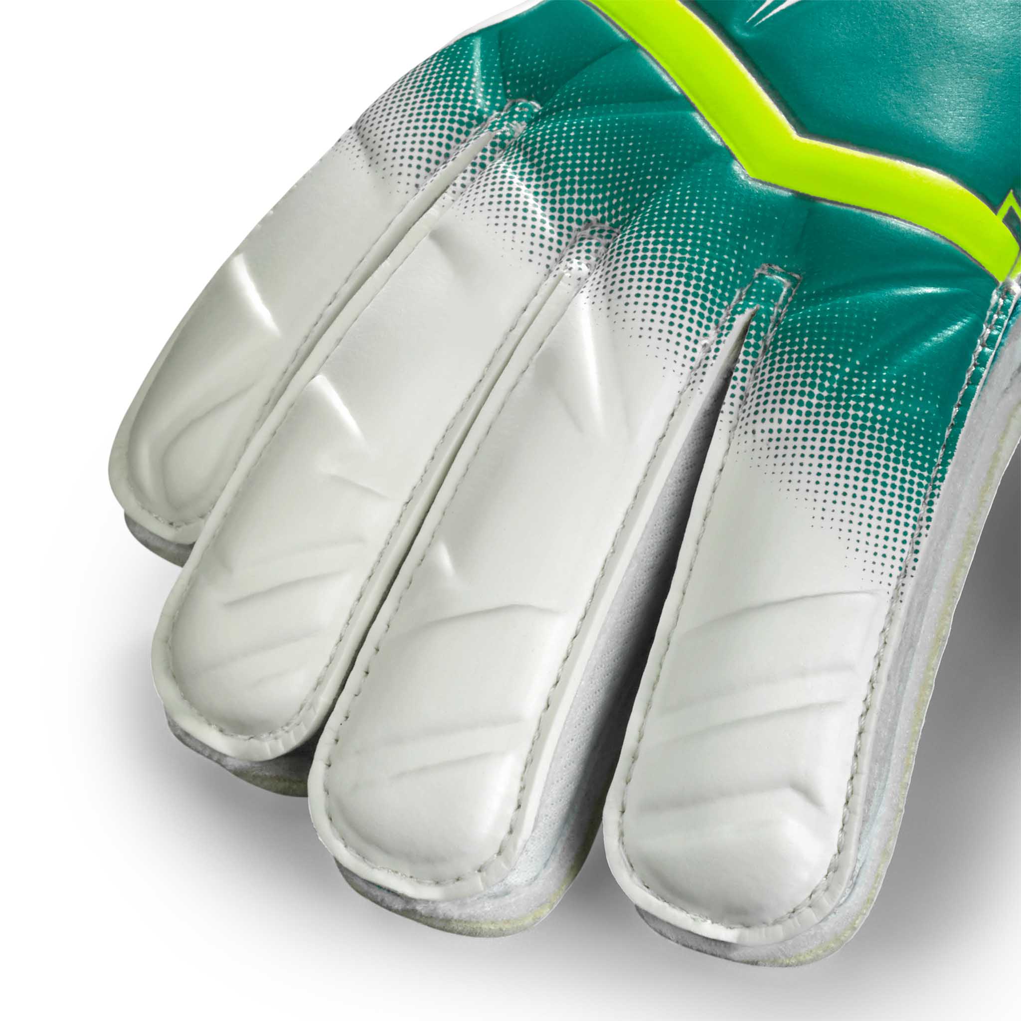 Nærbilde av GK gloves 04 Protection v26 keeperhansker med hvit polstret håndflate og grønne og limegrønne detaljer.