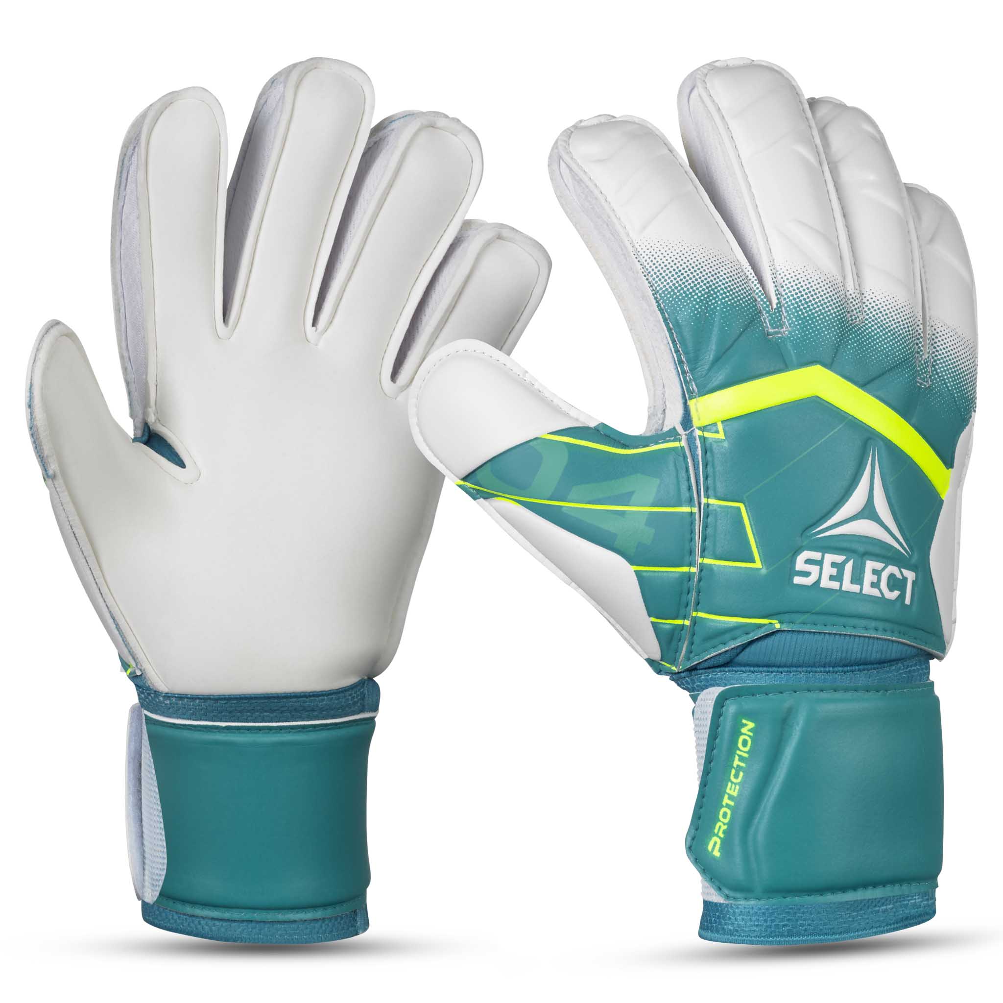 GK gloves 04 Protection v26 målmandshandsker i grøn og hvid med gule detaljer, forside.