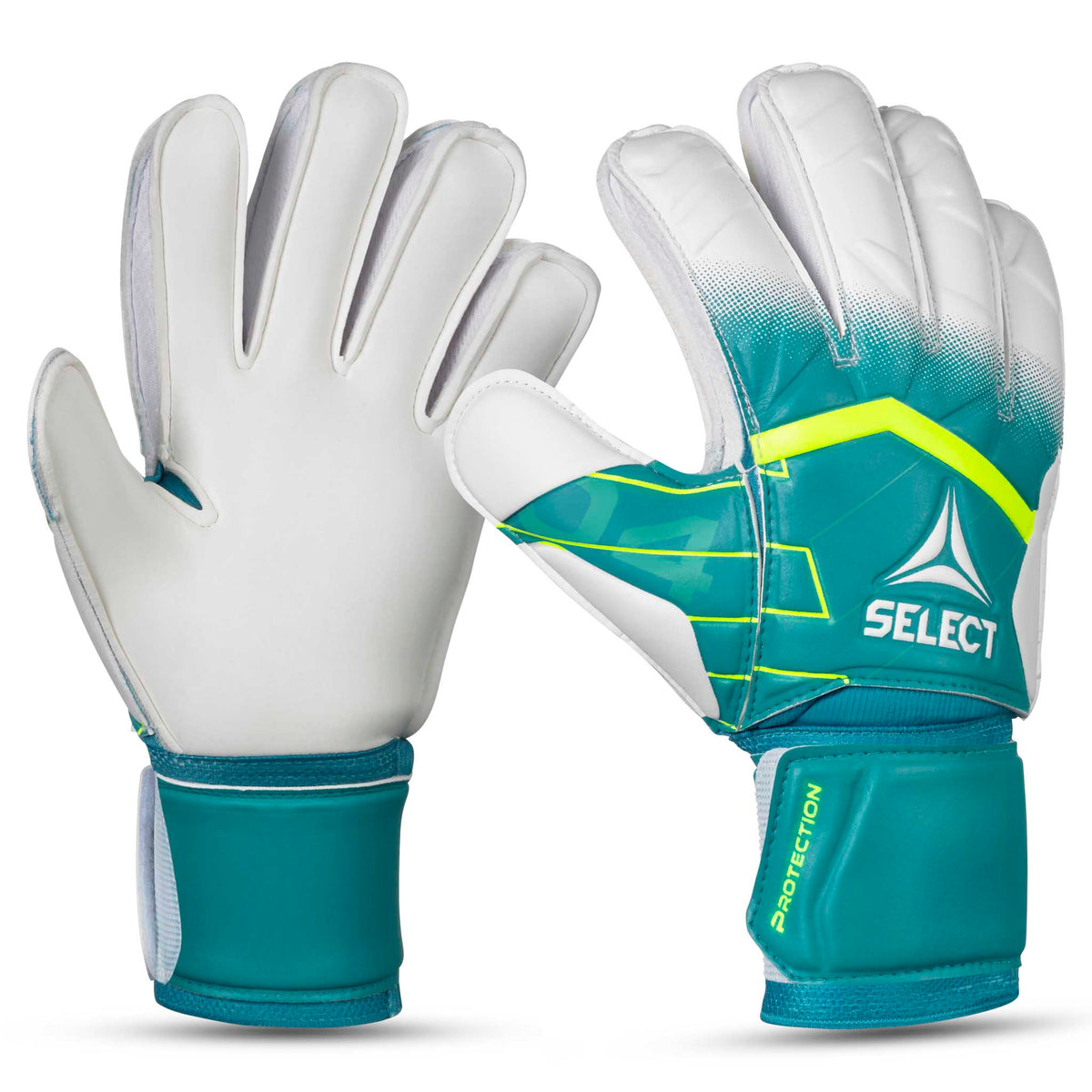 Forside av GK gloves 04 Protection v26 keeperhansker i grønt, hvitt og gult for fotball.