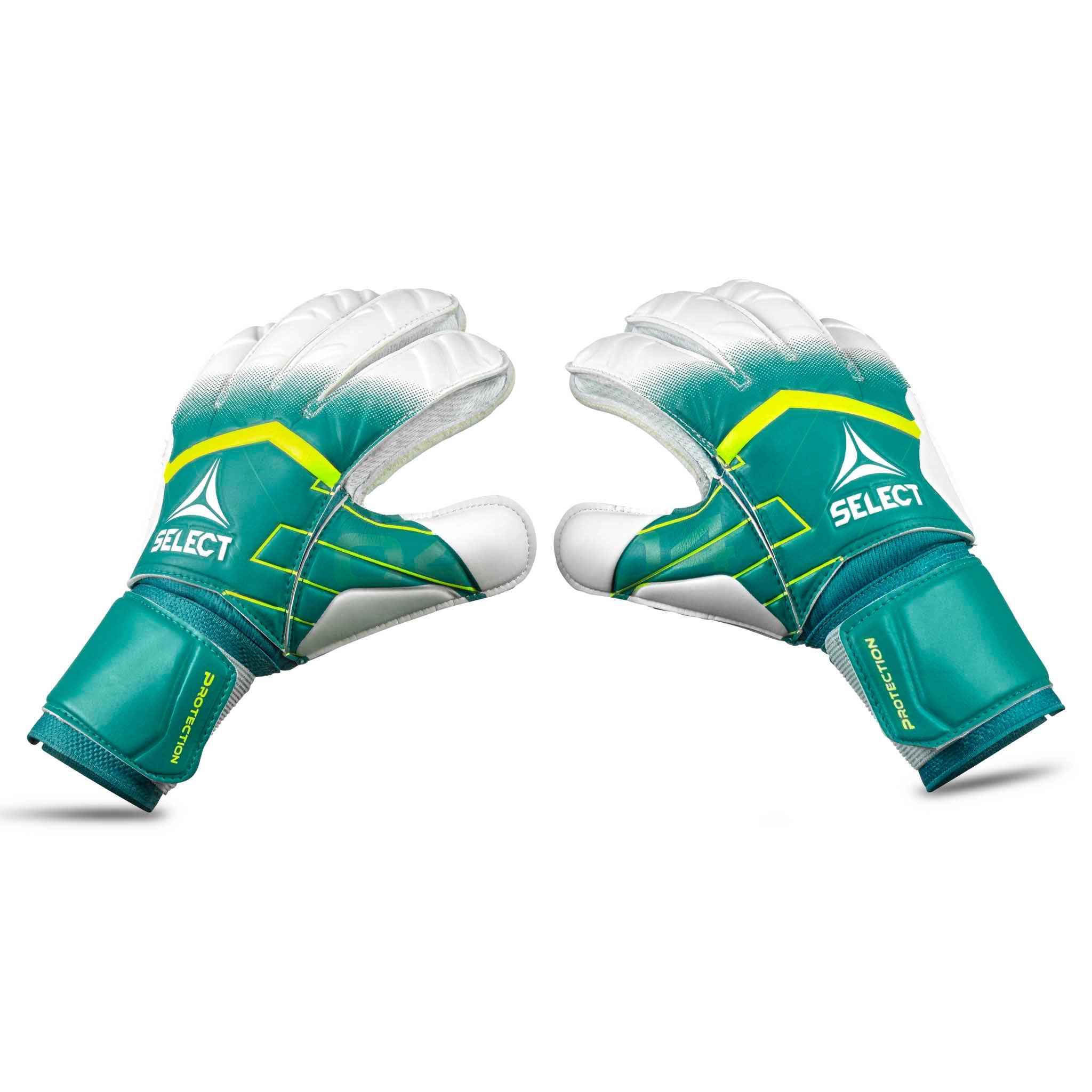 GK gloves 04 Protection v26 målmandshandsker i grøn, hvid og gul, forsidevisning.