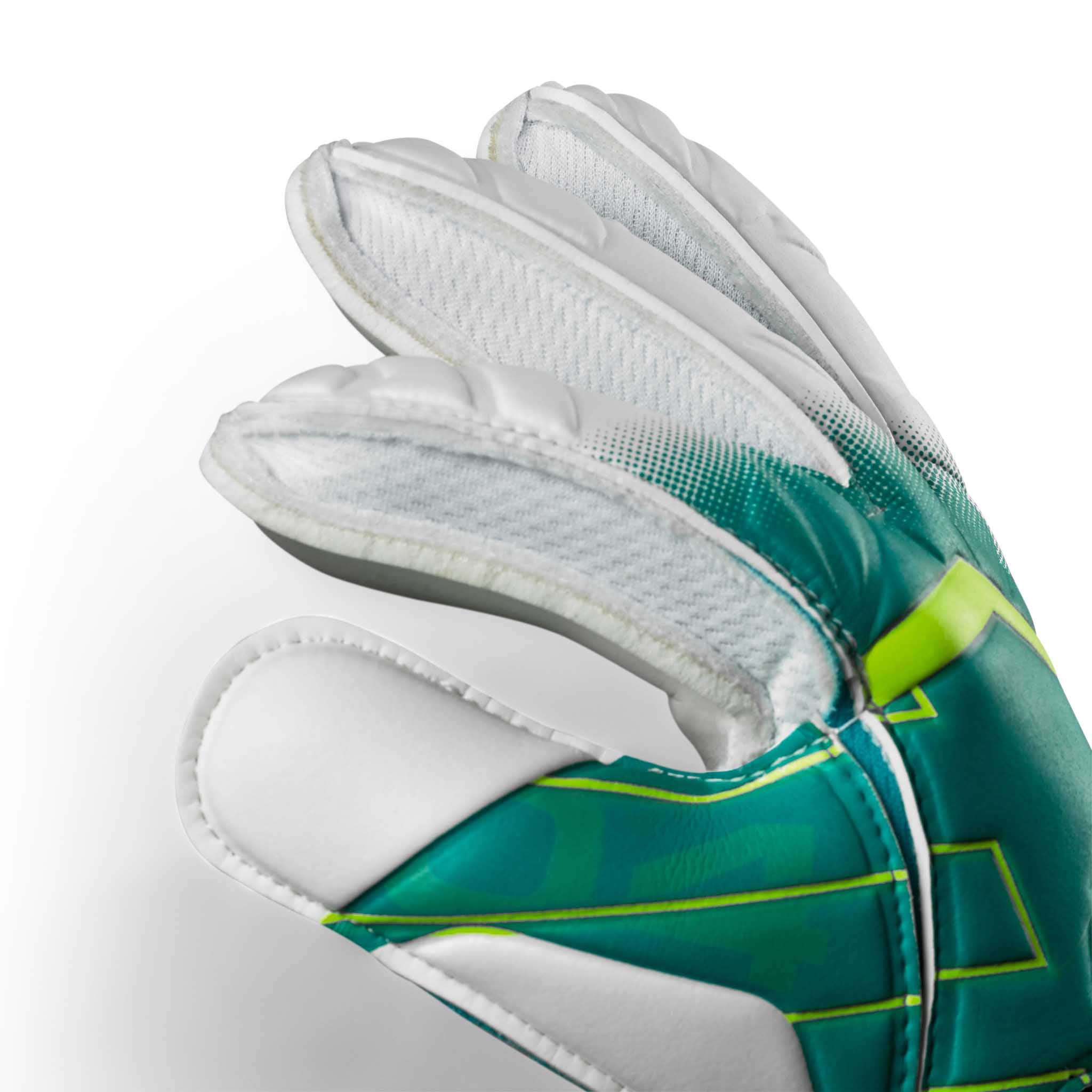 Nærbilde av GK gloves 04 Protection v26 keeperhansker, høyre side, i grønt og hvitt med neonfargede detaljer.