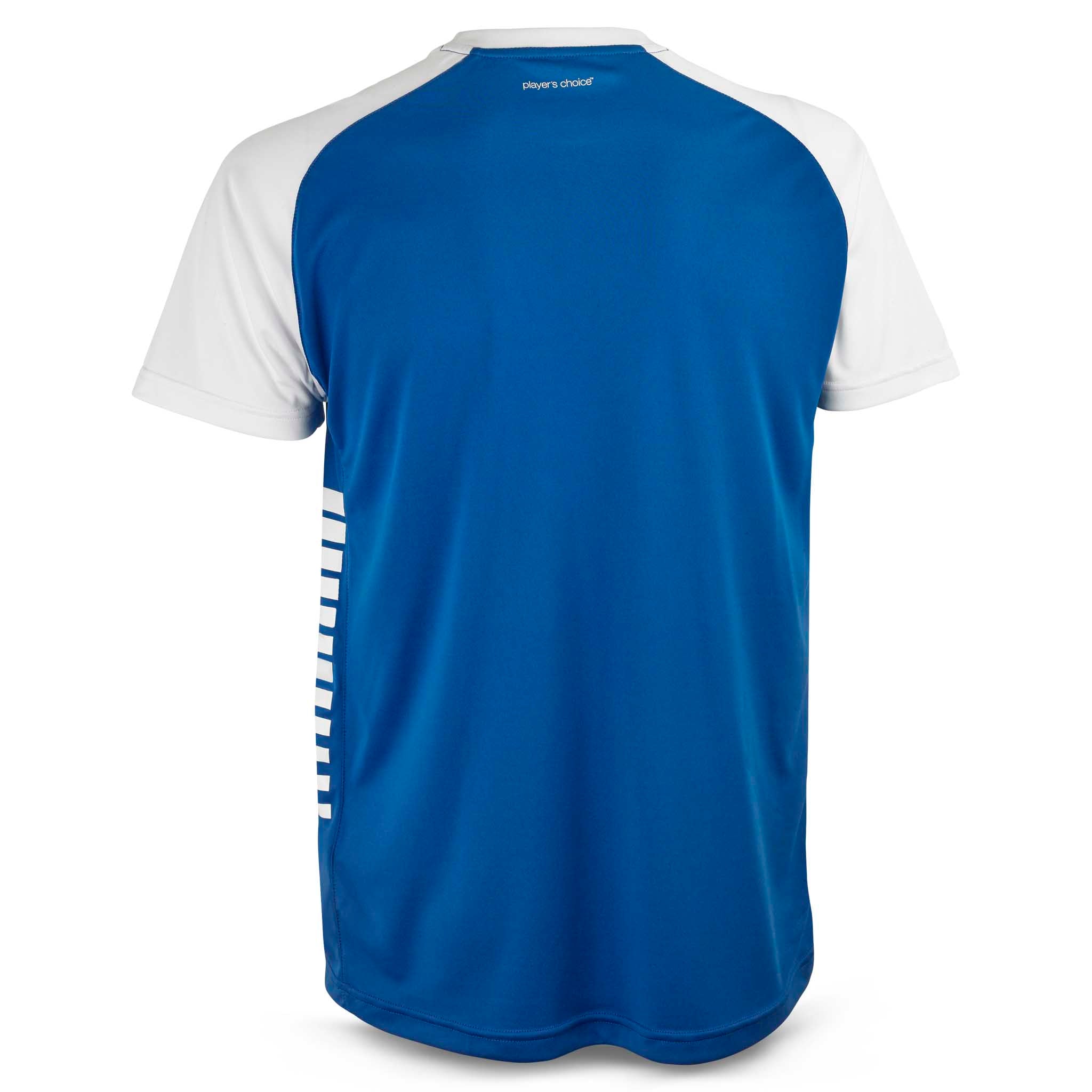 Bakside av blå og hvit Player shirt S/S Pisa X, Match & Training wear fotballtrøye med stripet detalj.