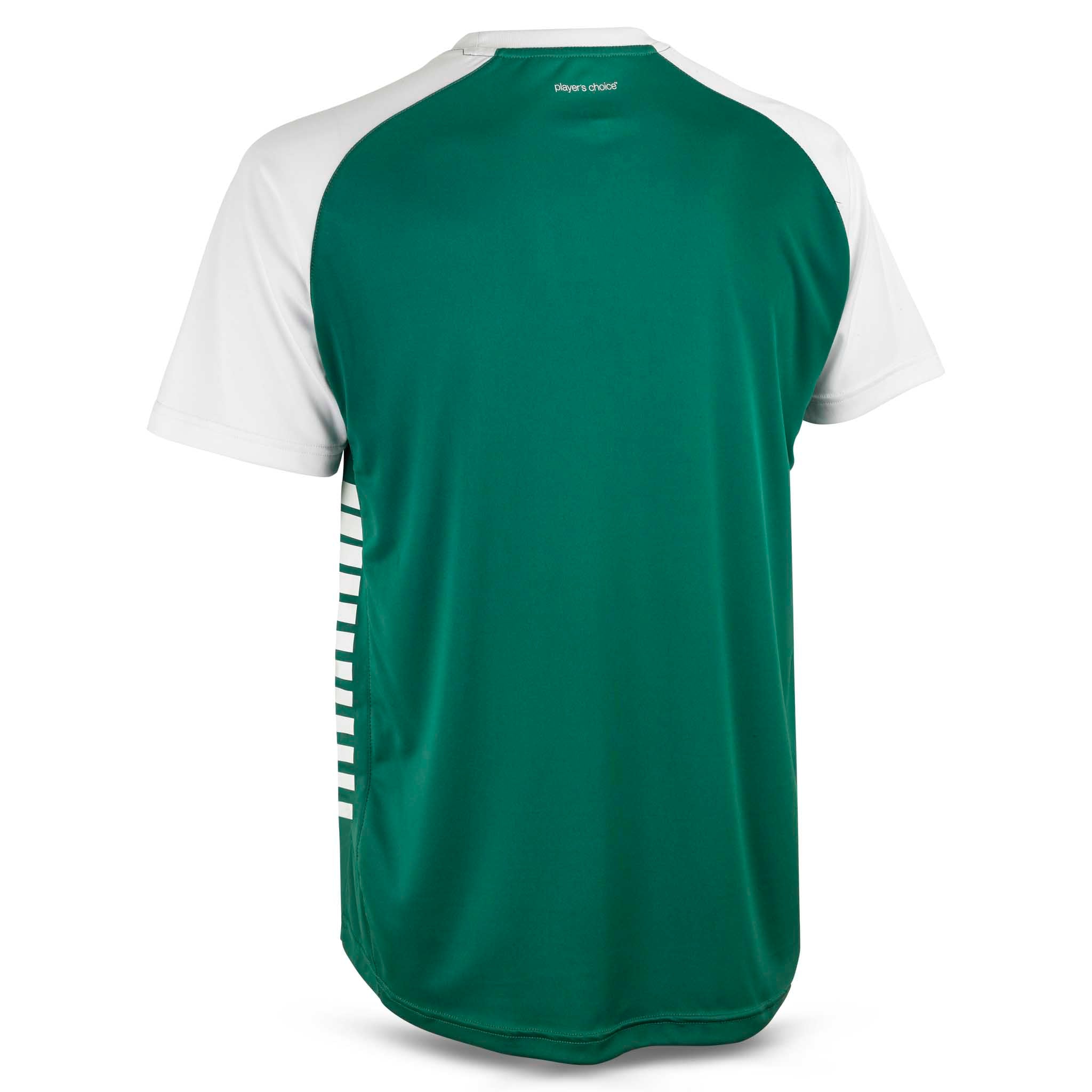 Bakside av grønn og hvit Player shirt S/S Pisa X, Match & Training wear, med stripet detalj.